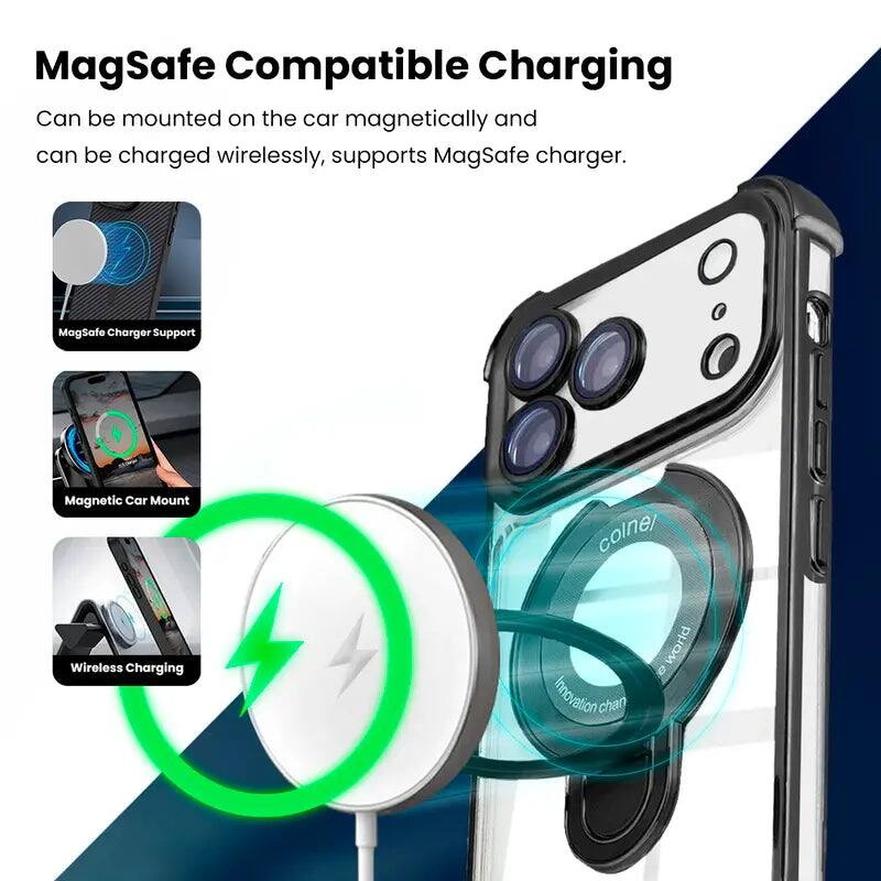 MagSafe Compatible Charging  
Can be mounted on the car magnetically and can be charged wirelessly, supports MagSafe charger.  

MagSafe Charger Support  
Magnetic Car Mount Wireless Charging  

colnel D world Innovation chan