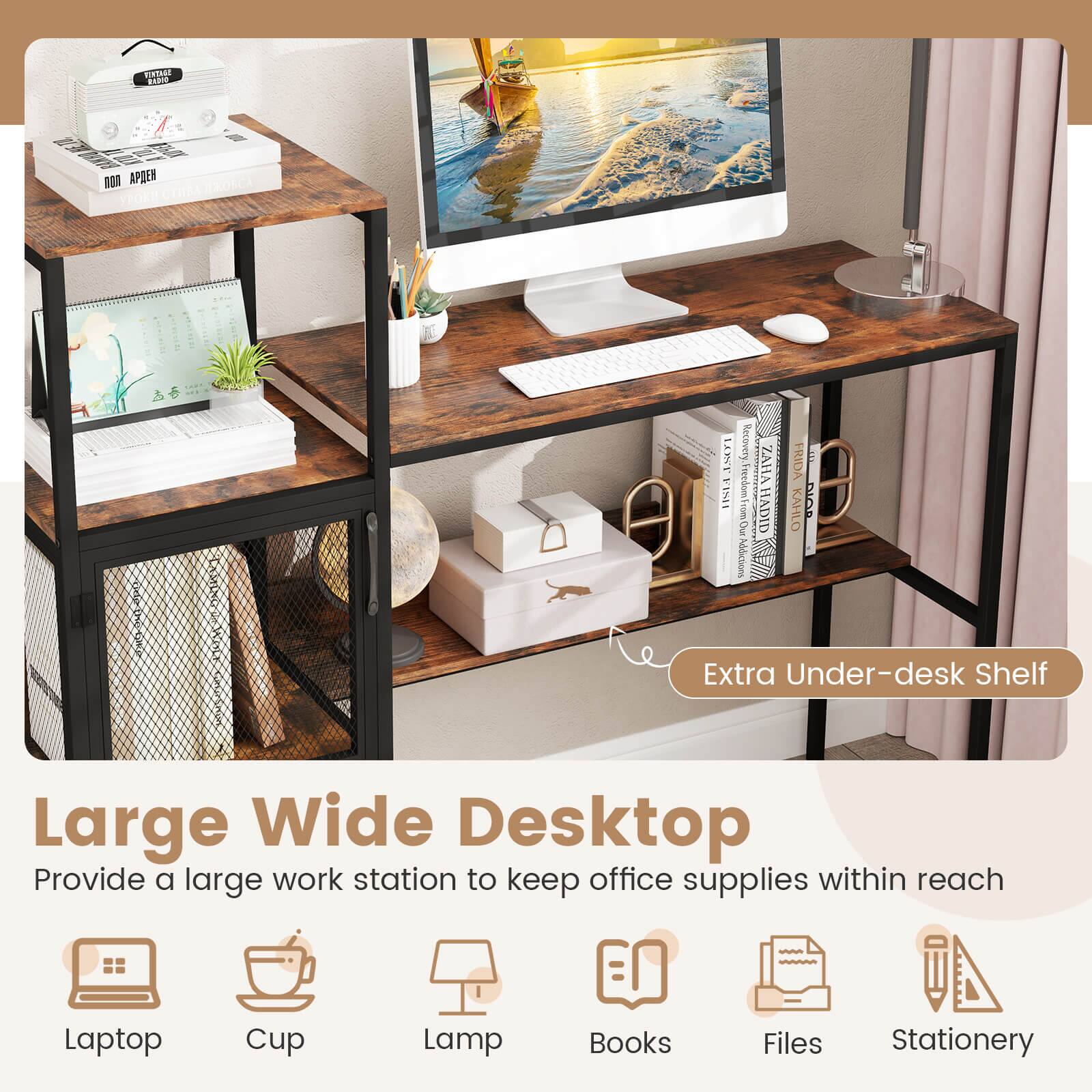 The text on the image is grouped and corrected as follows:

Extra Under-desk Shelf Large Wide Desktop Provide a large work station to keep office supplies within reach Laptop Cup Lamp Books Files Stationery
