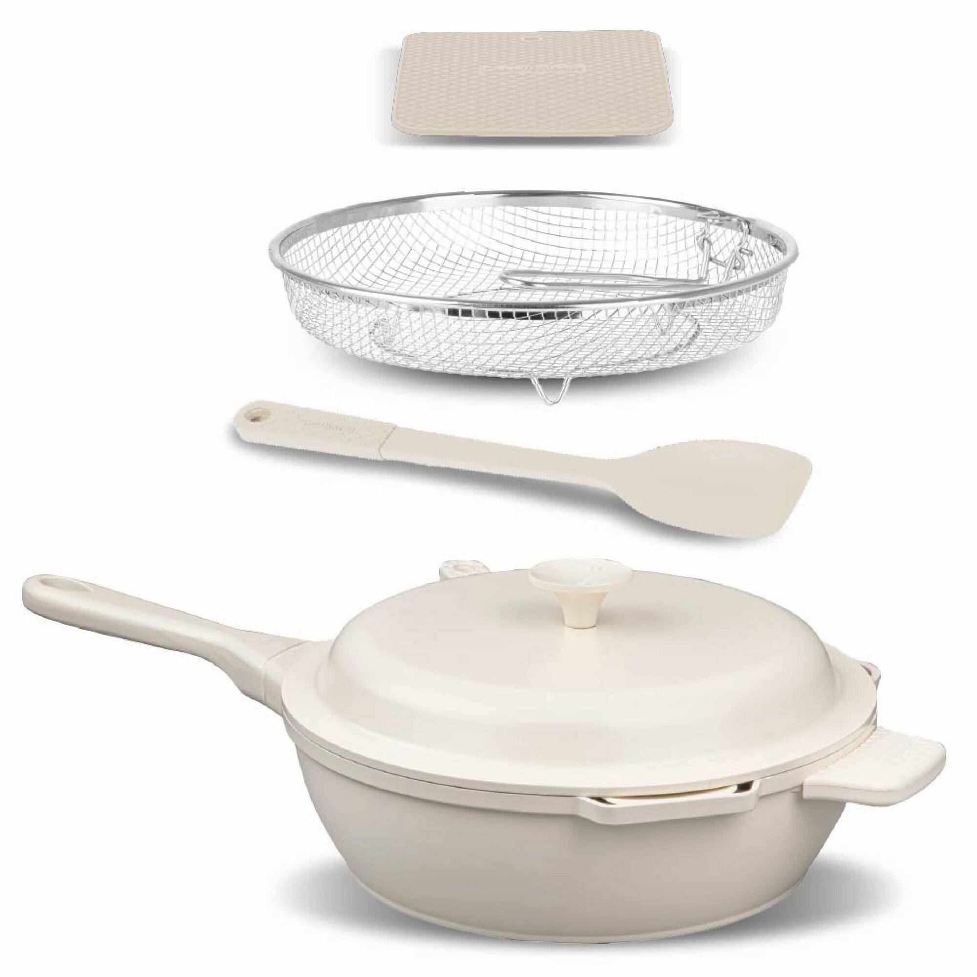 Alt View 1. Granitestone - Granitestone Zuka Everyday Pan 10" Cream Nonstick Multi-Functional Saute Pan with Lid, Nylon Spoon and Steamer Basket - Cream.