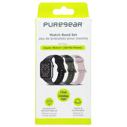 PUREGEAR
Watch Band Set
Jeu de bracelets pour montre
For | Pour Apple Watch® (38/40/41mm)
3 Pack
Emballage triple
Durable Soft Silicone Material
Matière silicone souple durable
Stylish & Comfortable
Élégant et confortable