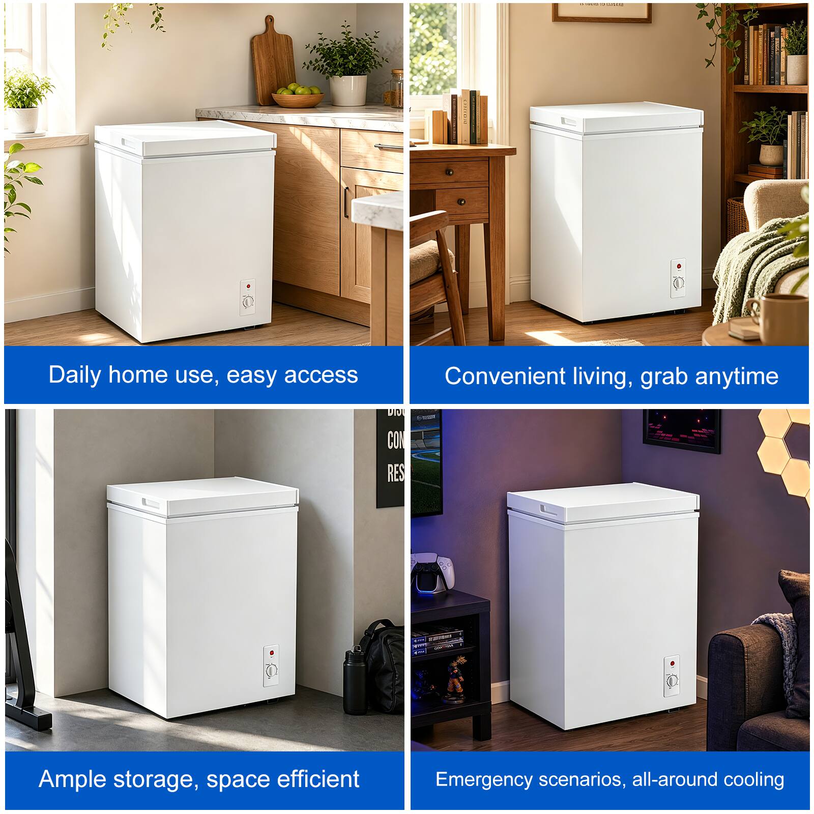 - Daily home use, easy access
- Convenient living, grab anytime
- Ample storage, space efficient
- Emergency scenarios, all-around cooling