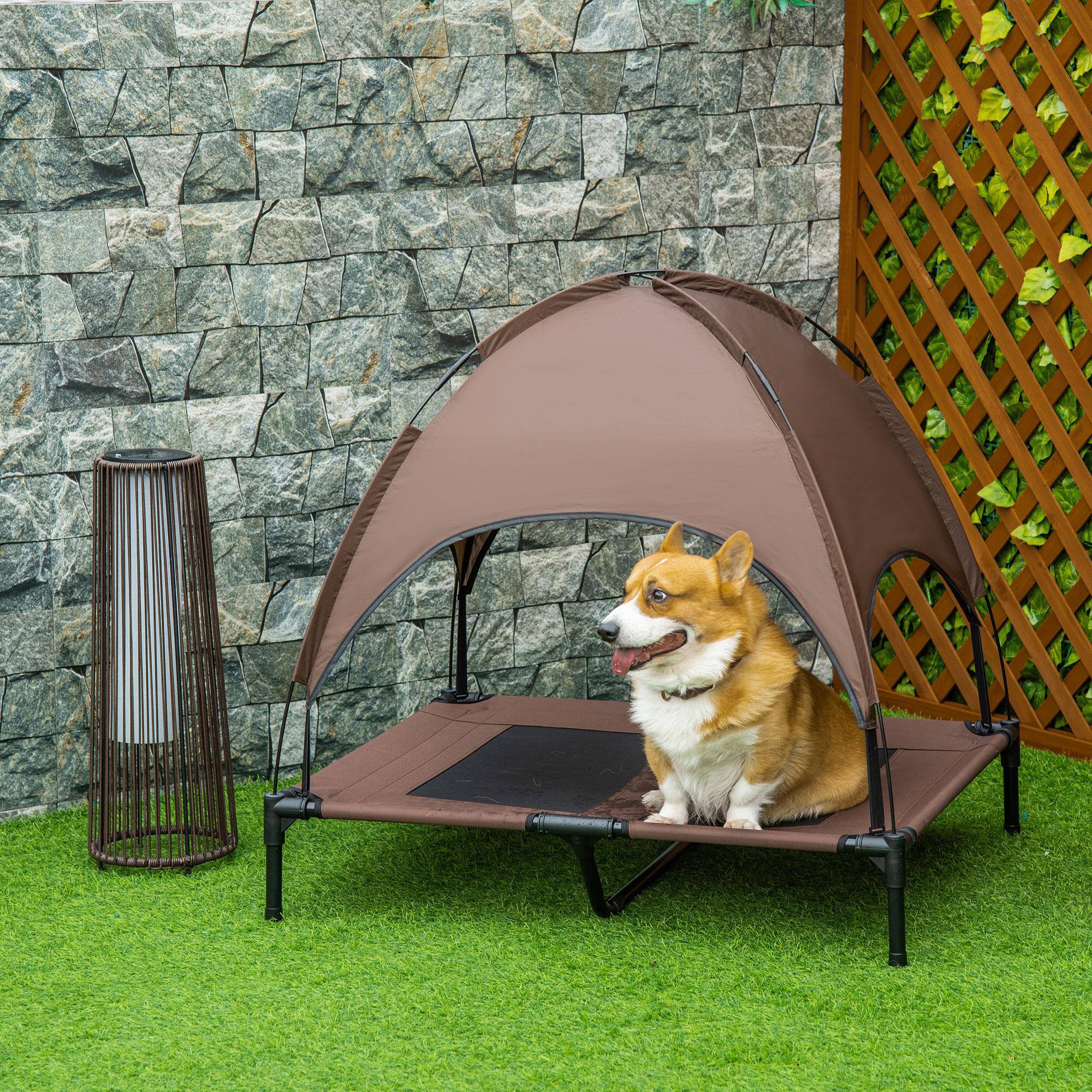 Alt View 1. Pawhut - Portable Dog Cot Pet Bed with UV Protection Canopy Shade - Coffee.