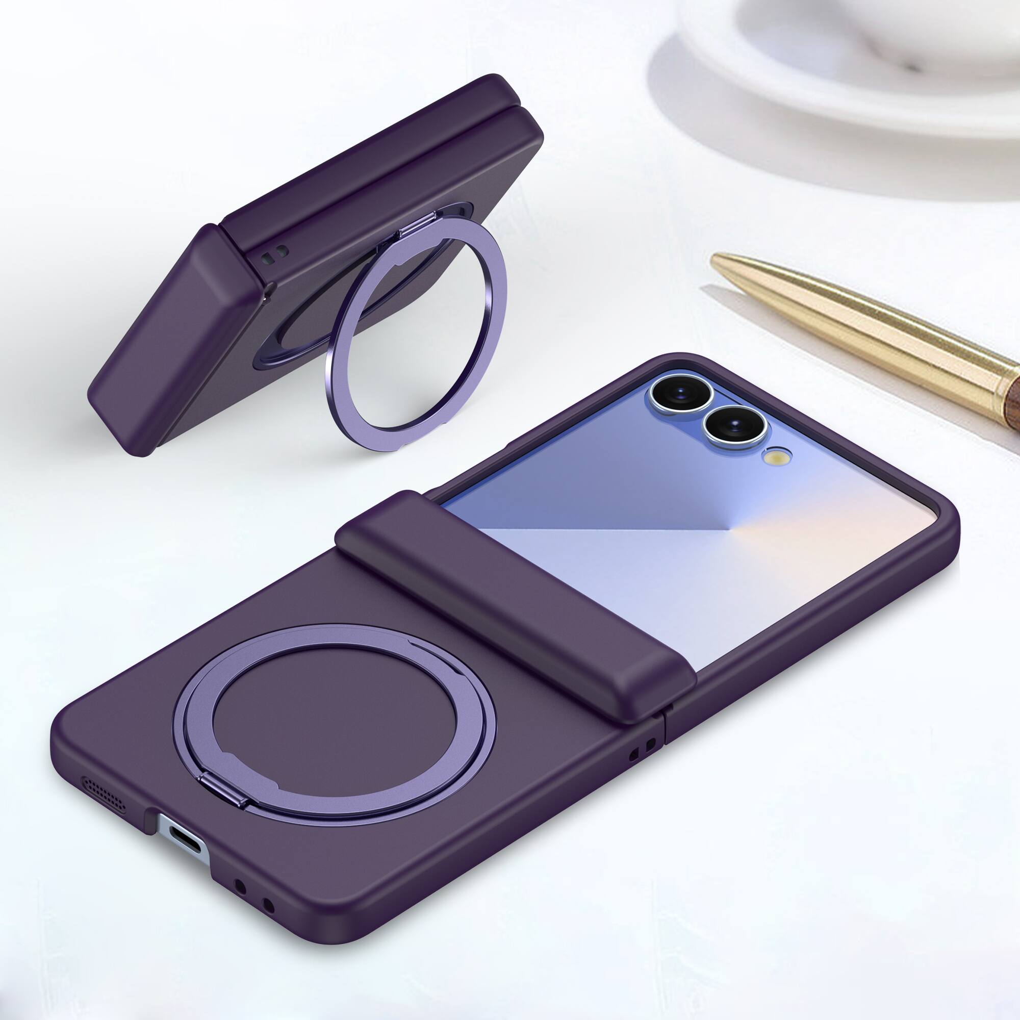 Left. Dteck - Magnetic Case for Samsung Galaxy Z Flip 7 with Screen Protector , 360° Rotating Kickstand Shockproof Hinge Cover - Darkpurple.