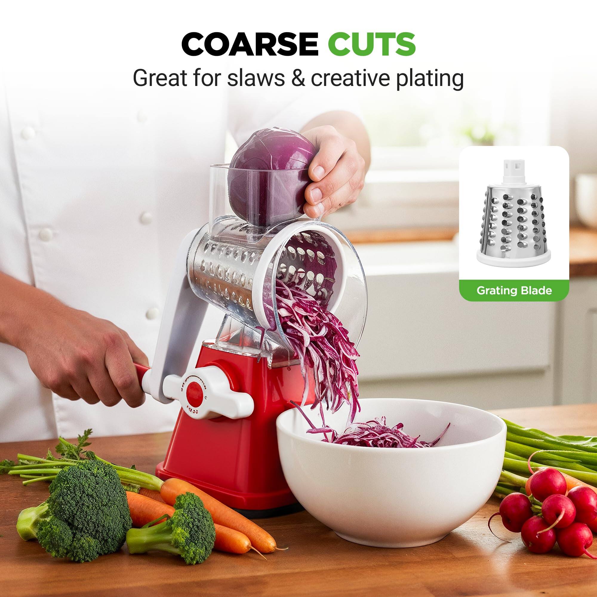 COARSE CUTS  
Great for slaws & creative plating  

Grating Blade