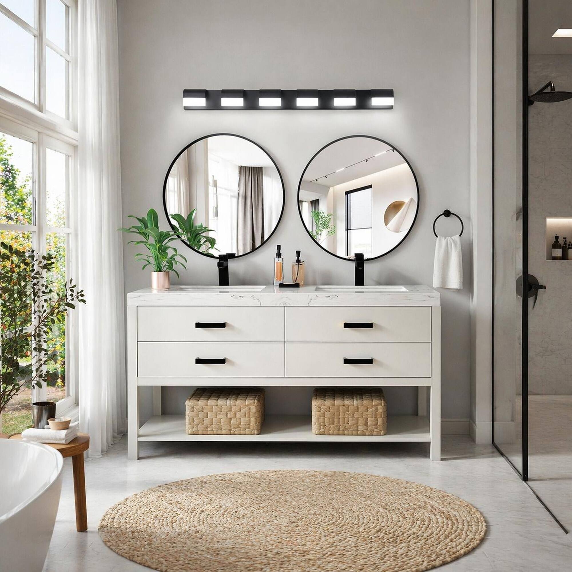 Back. RYHNUYNE - 6‑Light LED Bathroom Vanity Light,Modern Wall Mount Vanity Mirror Light for Bathroom - Black.