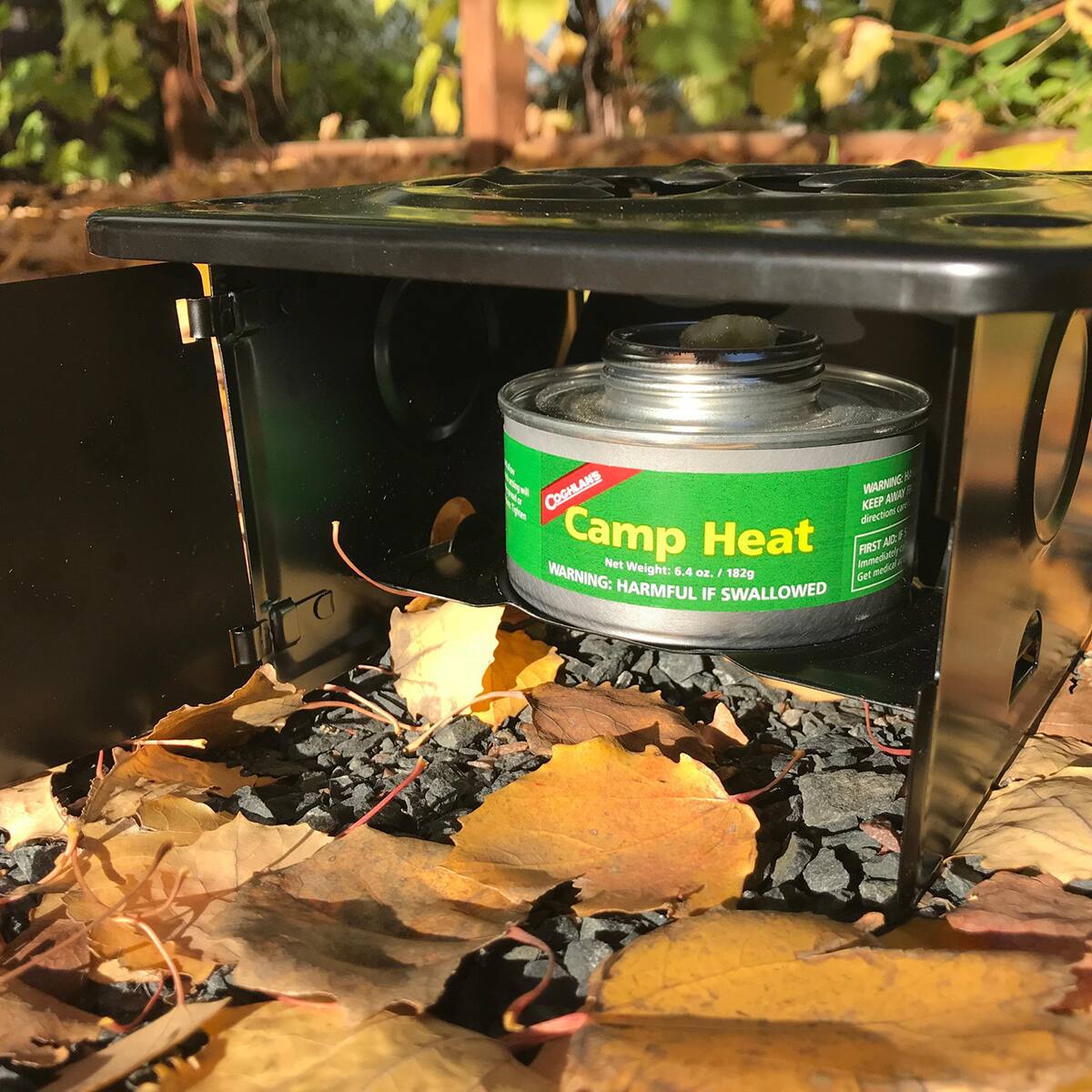 Camp Heat  
Net Weight: 6.4 oz. / 182g  
WARNING: HARMFUL IF SWALLOWED  

MORGLANS  
KEEP AWAY FROM direct heat.  
FIRST AID: Get medical attention.