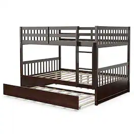 Gymax - Full over Full Bunk Bed Platform Wood Bed w/ Trundle & Ladder Rail - Brown
