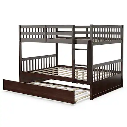Front. Gymax - Gymax Full over Full Bunk Bed Platform Wood Bed w/ Trundle & Ladder Rail - Brown.