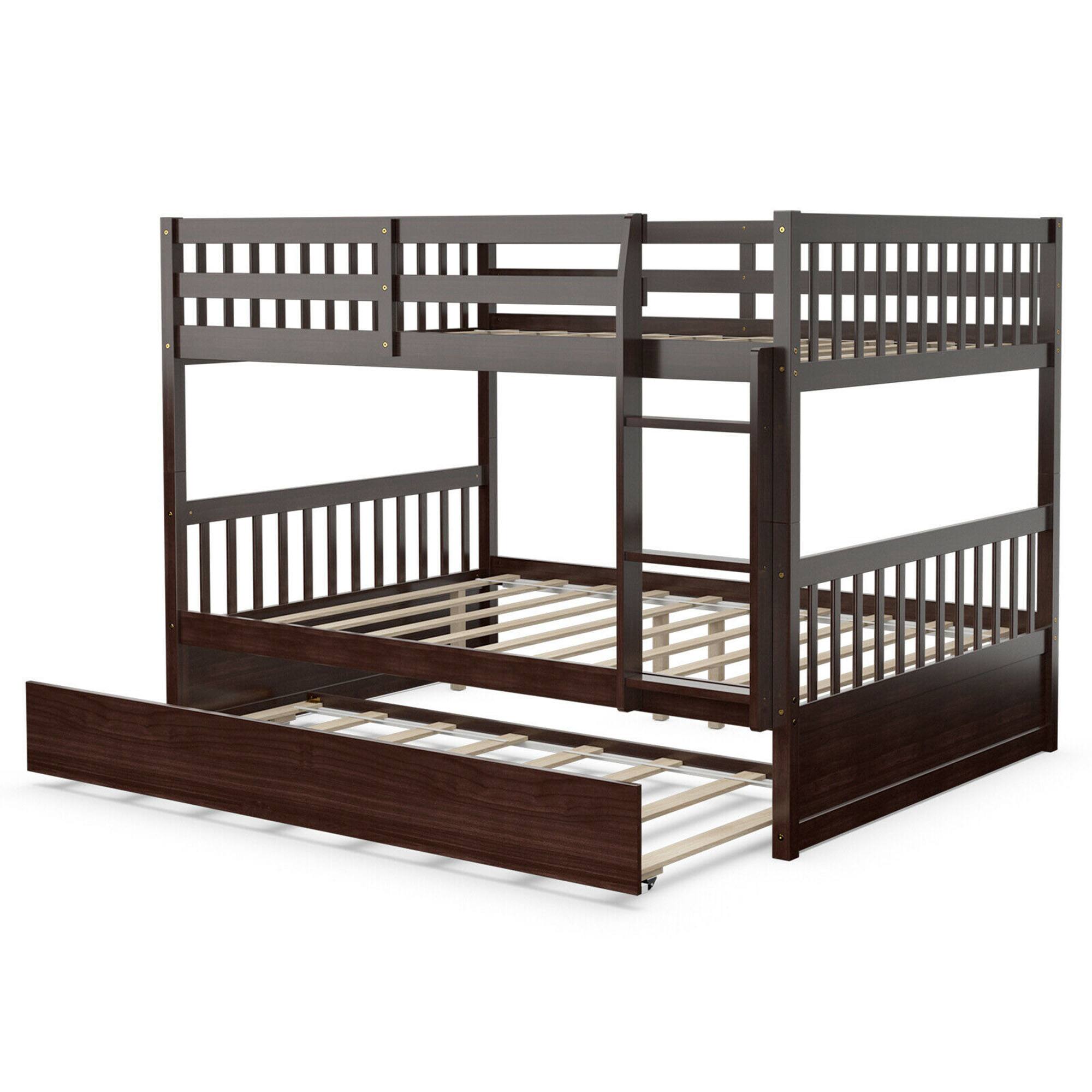 Front. Gymax - Gymax Full over Full Bunk Bed Platform Wood Bed w/ Trundle & Ladder Rail - Brown.