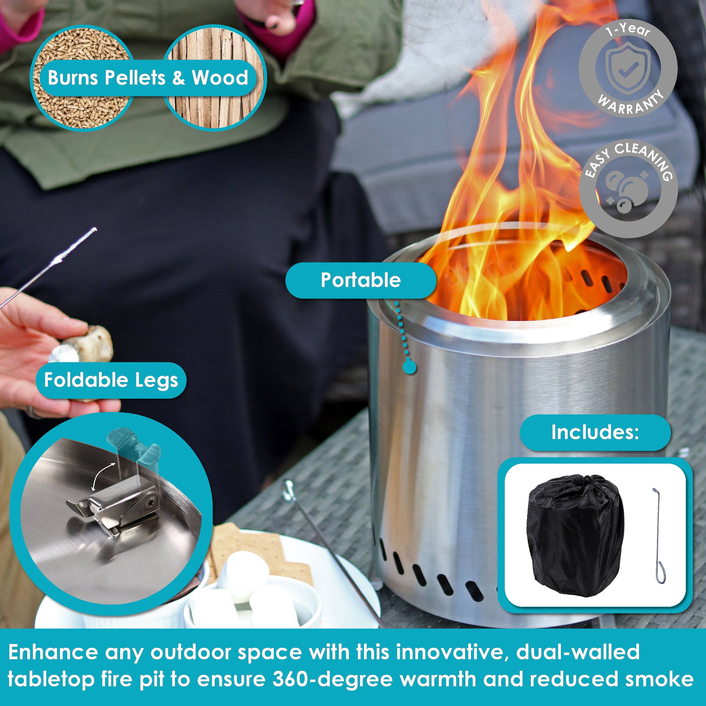 1-Year Warranty  
Burns Pellets & Wood  
Easy Cleaning  
Portable  
Foldable Legs  
Includes:  

Enhance any outdoor space with this innovative, dual-walled tabletop fire pit to ensure 360-degree warmth and reduced smoke.