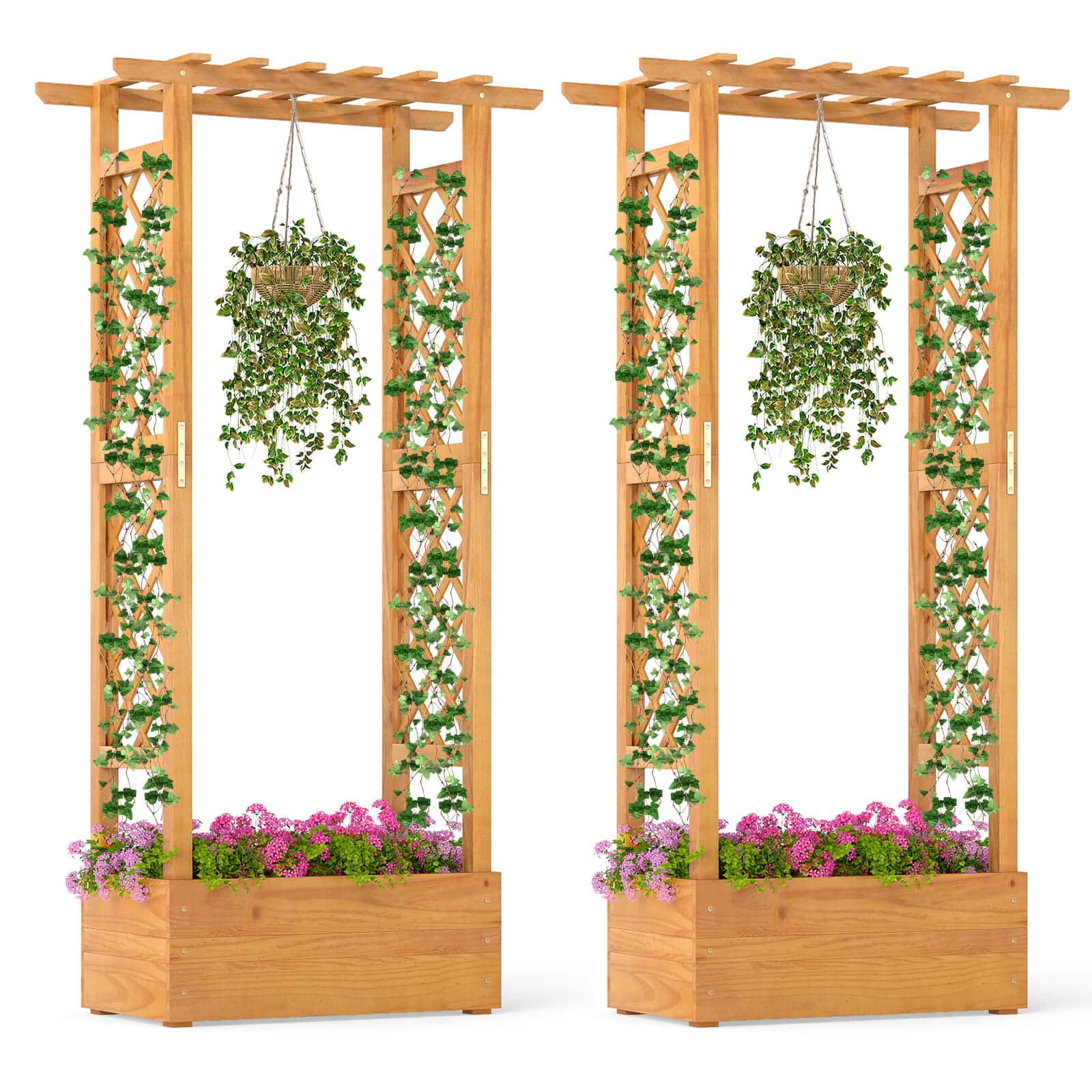 "Costway - 2 PCS 60"" Raised Garden Bed with Trellis with Hanging Roof, 2 Side Trellises - Natural" price history on PriceWatchPro