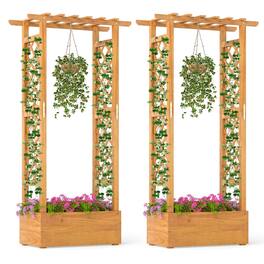 Costway - 2 PCS 60" Raised Garden Bed with Trellis with Hanging Roof, 2 Side Trellises - Natural