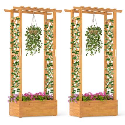 Front. Costway - Costway 2 PCS 60" Raised Garden Bed with Trellis with Hanging Roof, 2 Side Trellises - Natural.