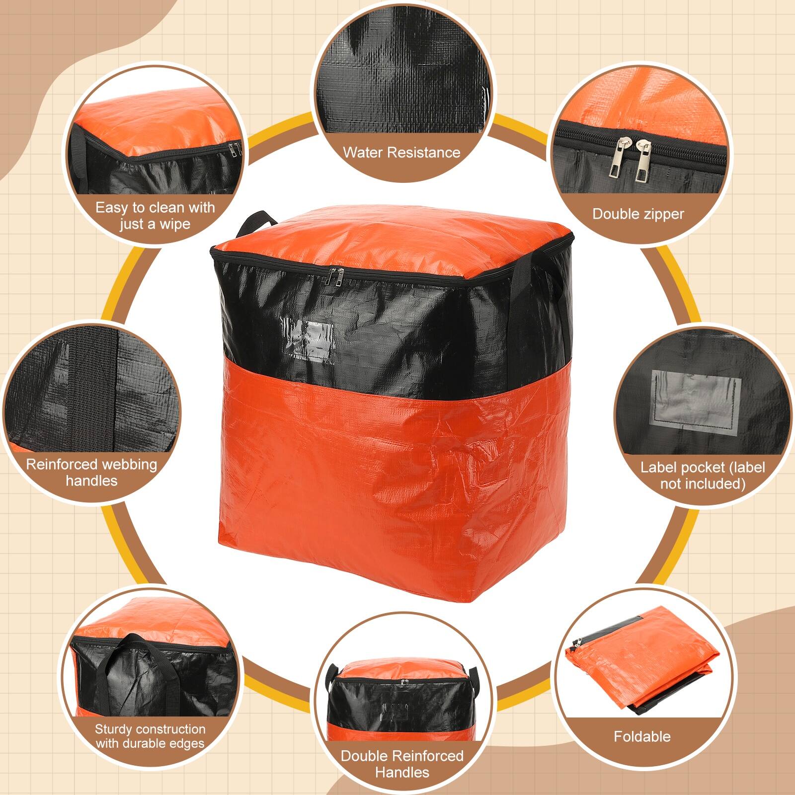- Water Resistance
- Easy to clean with just a wipe
- Double zipper
- Reinforced webbing handles
- Label pocket (label not included)
- Sturdy construction with durable edges
- Double Reinforced Handles
- Foldable