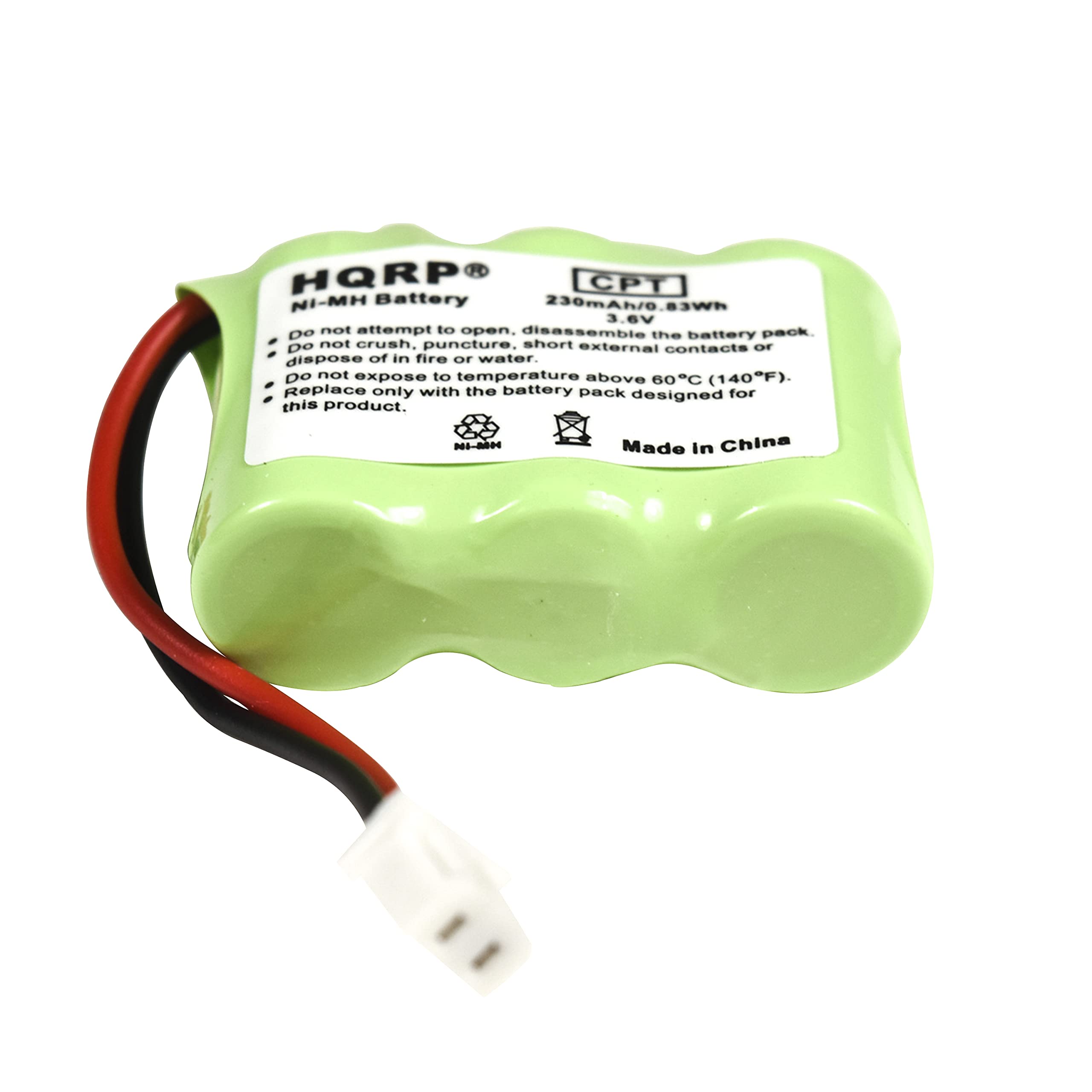HQRP CPT Ni-MH Battery 230mAh/0.83Wh 3.6V

Do not attempt to open, disassemble pack. Do not crush, puncture, short external contacts or dispose of in fire or water. Do not expose to temperature above 60°C (140°F). Replace only with the battery pack designed for this product. Ni-MH Made in China