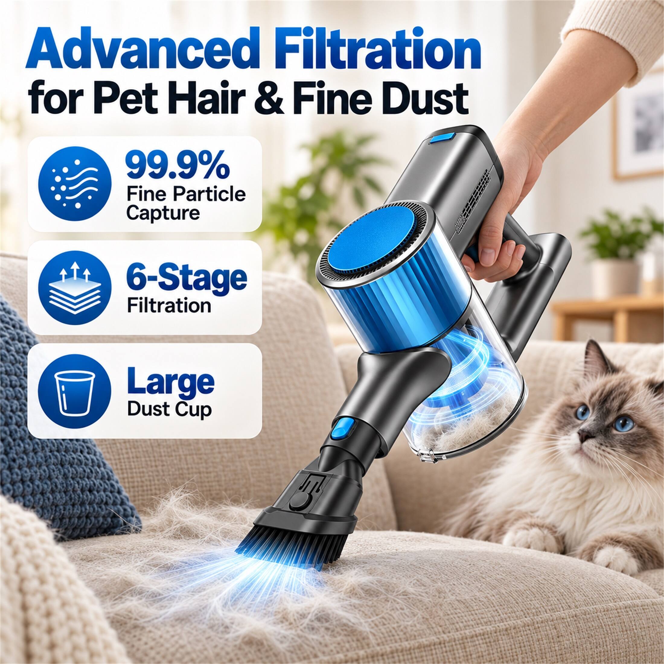 Advanced Filtration for Pet Hair & Fine Dust  
99.9% Fine Particle Capture  
6-Stage Filtration  
Large Dust Cup