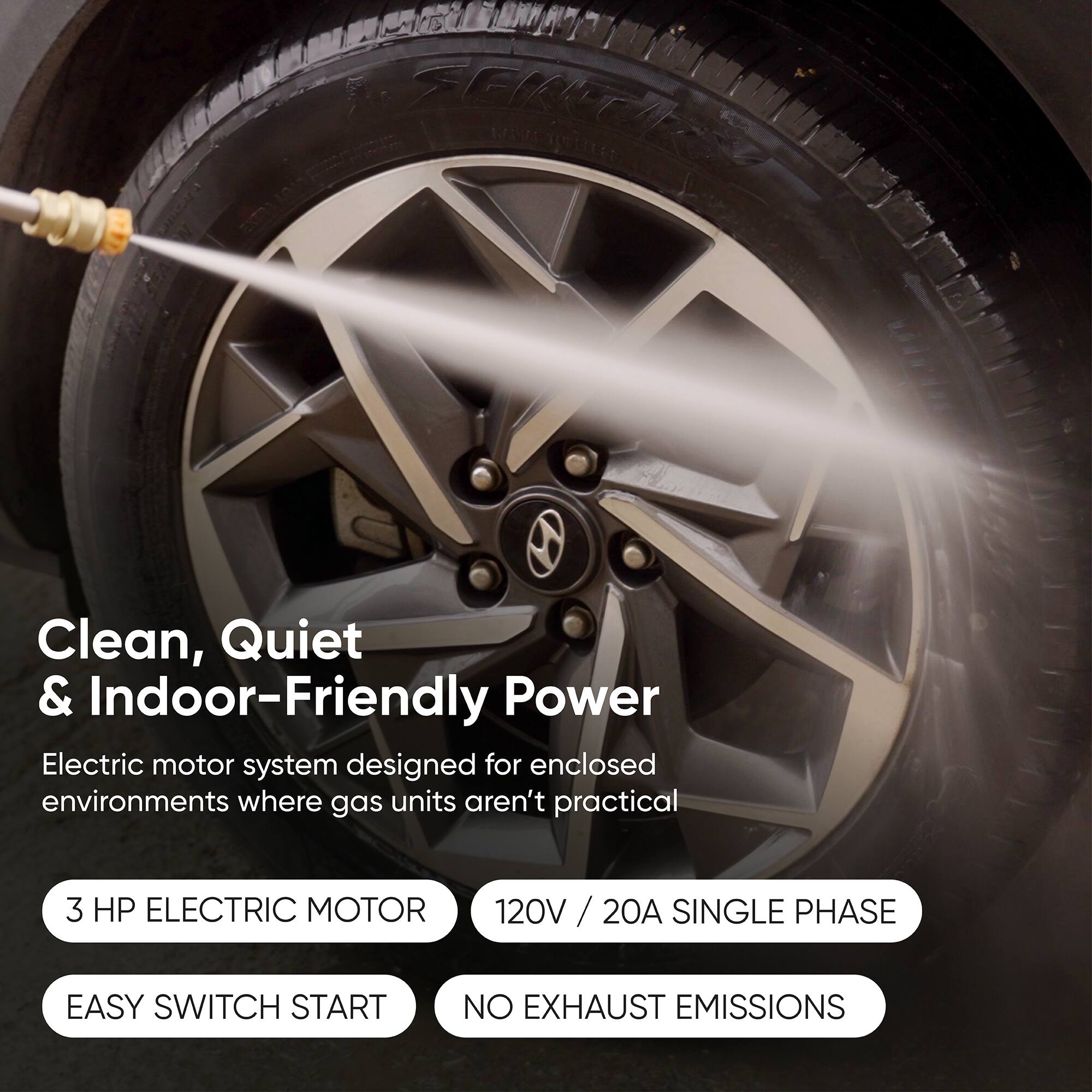 Clean, Quiet & Indoor-Friendly Power  
Electric motor system designed for enclosed environments where gas units aren't practical  

3 HP ELECTRIC MOTOR  
120V / 20A SINGLE PHASE  

EASY SWITCH START  
NO EXHAUST EMISSIONS