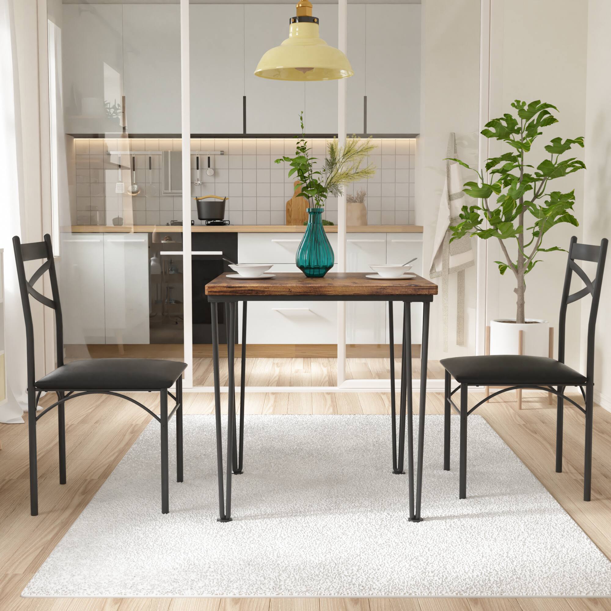 Alt View 3. Vecelo - 2-Person Dining Set for Small Spaces - 29" Square Table with 400lb Chairs, Space Saving Design & Waterproof Finish - Brown.