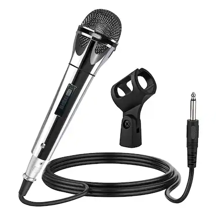 The image shows a professional microphone setup. The microphone is a dynamic type, commonly used in live performances and recording studios. It has a metallic finish with a black grille and is attached to a stand. The stand is adjustable, allowing for different angles and heights. There is also a cable with a connector at the end, which is used to connect the microphone to an audio device.