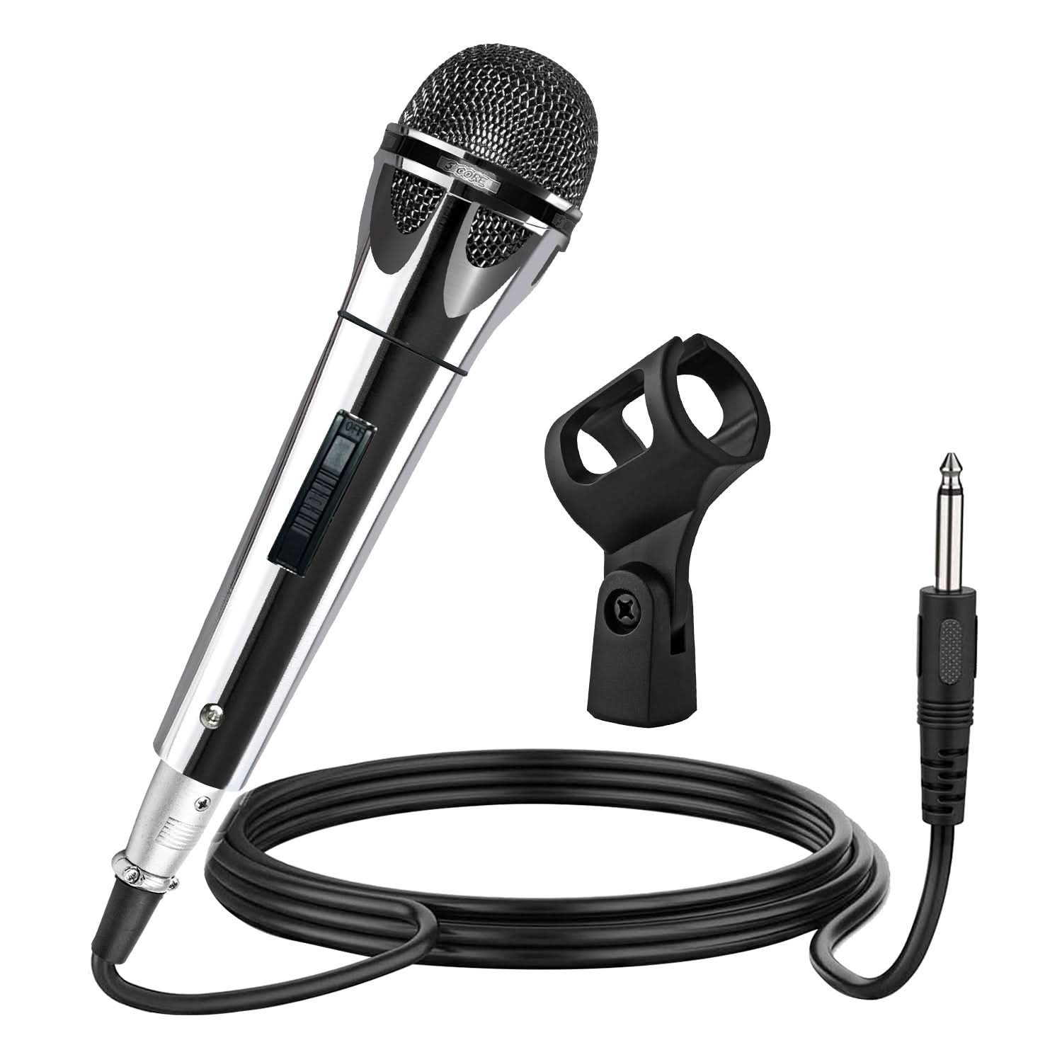 The image shows a professional microphone setup. The microphone is a dynamic type, commonly used in live performances and recording studios. It has a metallic finish with a black grille and is attached to a stand. The stand is adjustable, allowing for different angles and heights. There is also a cable with a connector at the end, which is used to connect the microphone to an audio device.