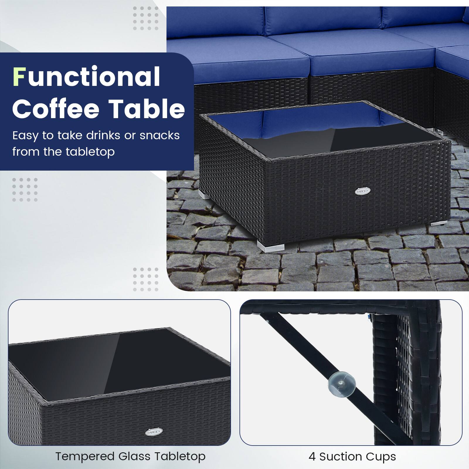 Functional Coffee Table

Easy to take drinks or snacks from the tabletop

Tempered Glass Tabletop

4 Suction Cups