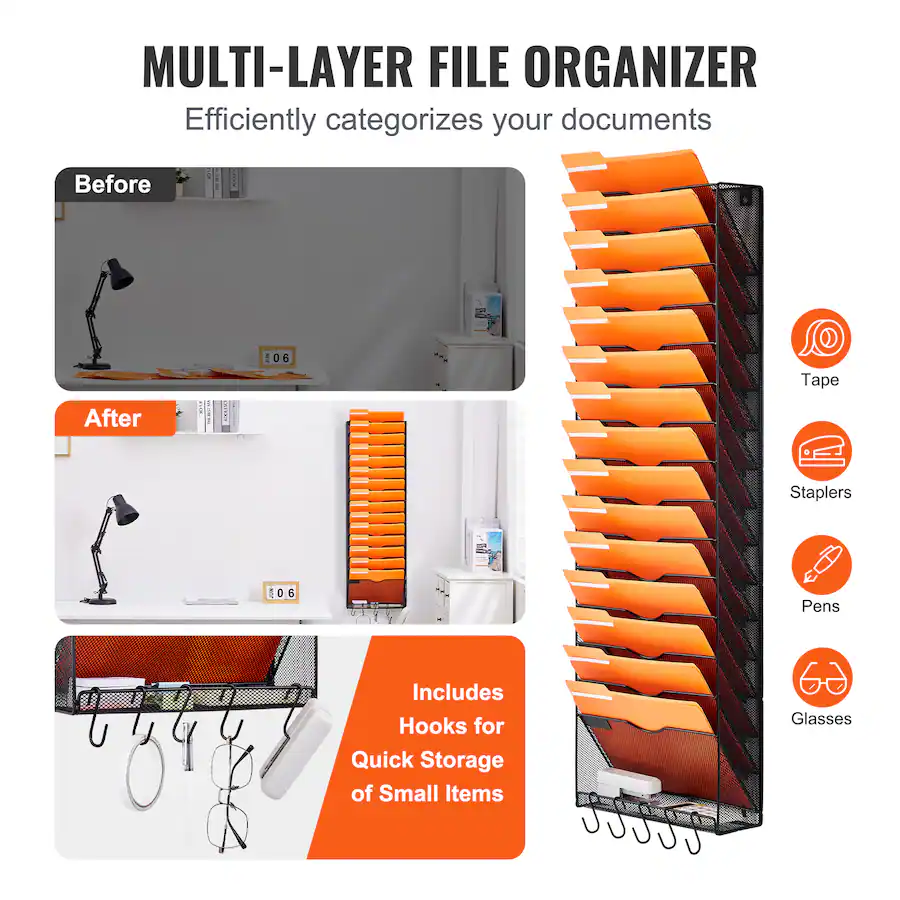 VEVOR File Wall Rack, One Piece 16 Pockets Mesh Wall File Holder, Wall ...