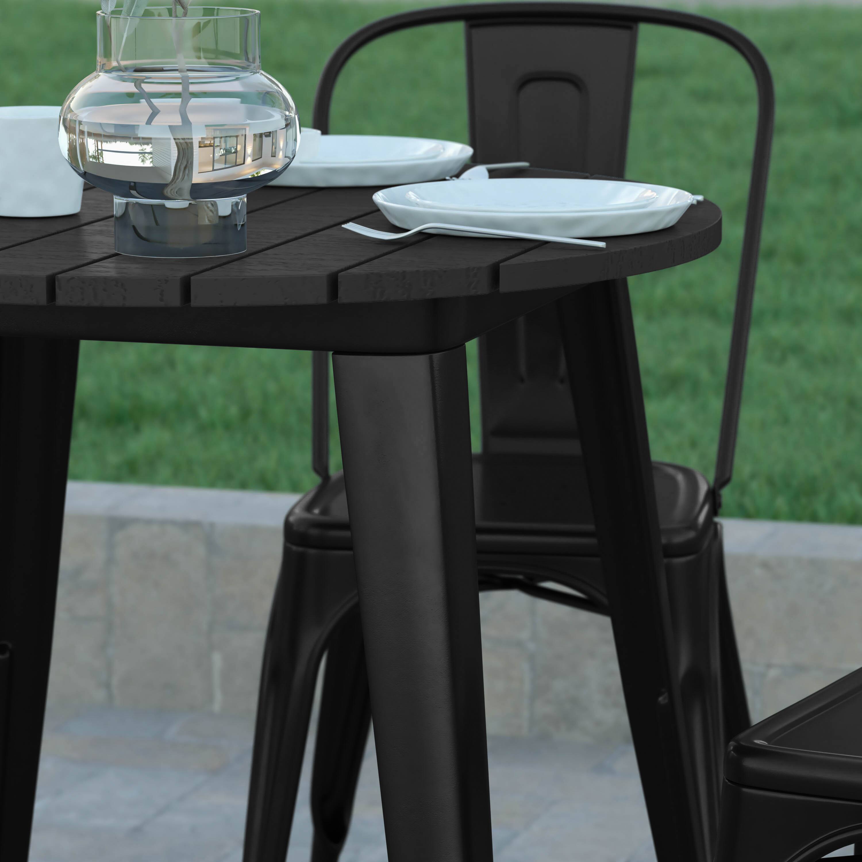 Alt View 4. Emma + Oliver - Drew Indoor/Outdoor Dining Table, 30" Round All Weather Poly Resin Top with Steel Base - Black Top/Black Frame.