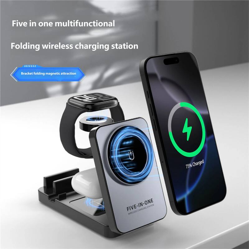 Five in one multifunctional  
Folding wireless charging station  
Bracket folding magnetic attraction  
75% Charged  
FIVE-IN-ONE CHARGING STATION WIRELESS