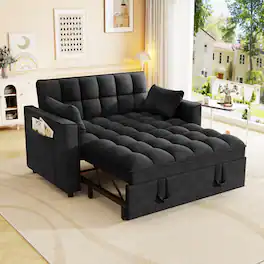 Anysun - Modern Velvet Convertible Sleeper Sofa Bed with Pull-Out Bed, Pillows & Side Pockets for Small Spaces - Black