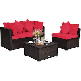 Costway - 4PCS Patio Rattan Furniture Set Sofa Ottoman Cushion Garden Deck - Red