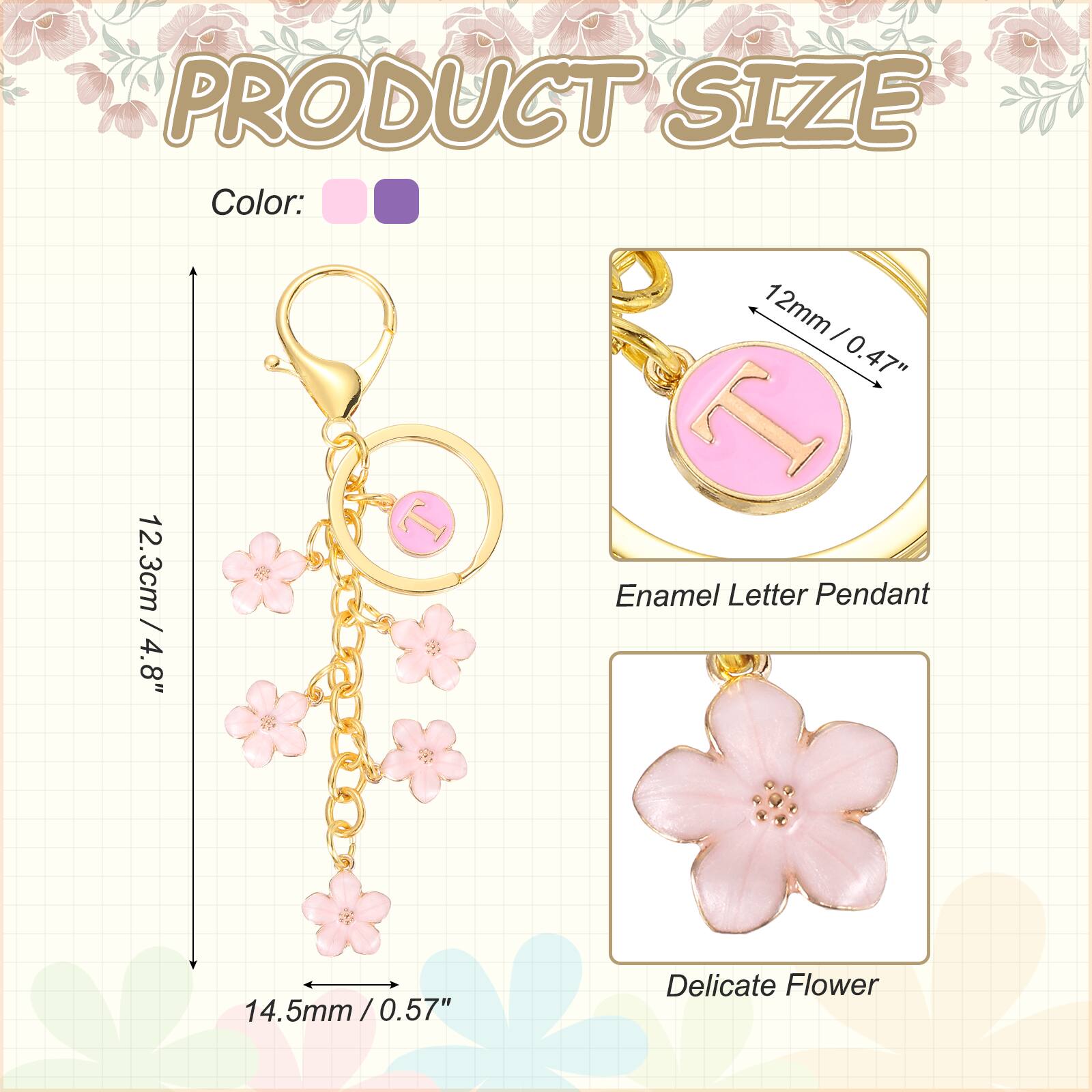 PRODUCT SIZE

Color: 12.3cm / 4.8" 12mm / 0.47" Enamel Letter Pendant 14.5mm / 0.57" Delicate Flower