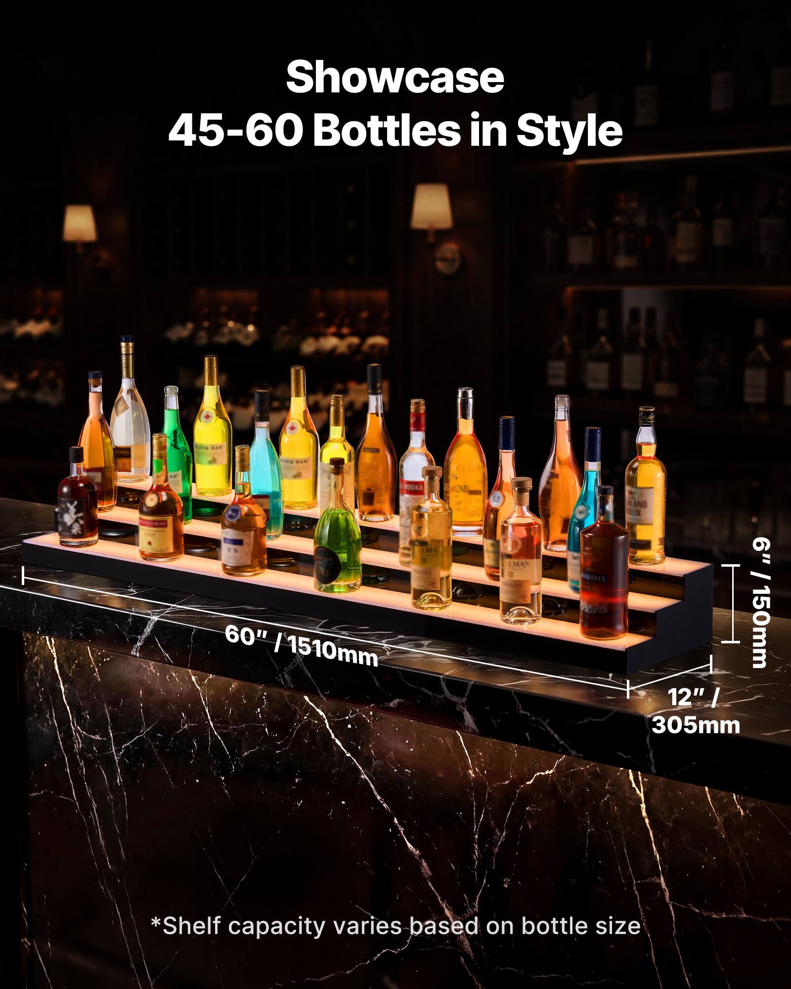 Showcase 45-60 Bottles in Style  
MD 60" / 1510mm  
MA 9" / 150mm  
12" / 305mm  
*Shelf capacity varies based on bottle size