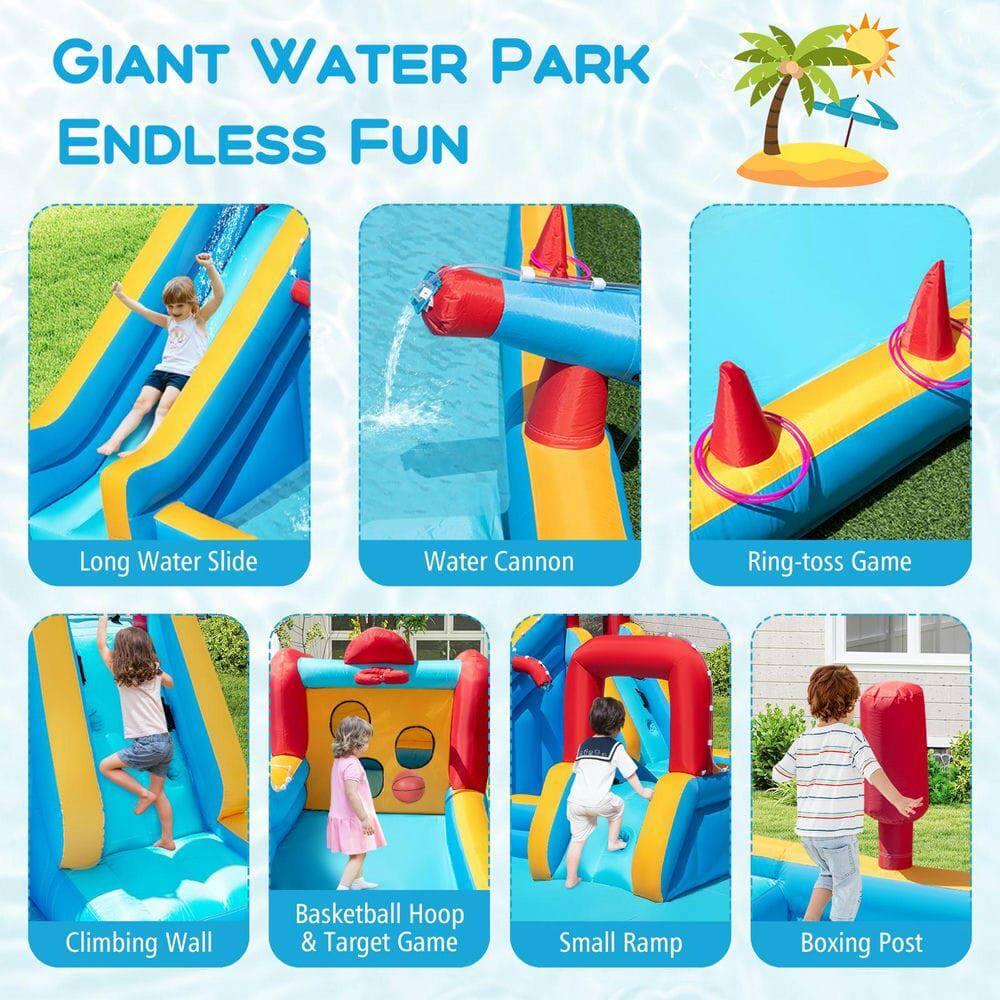 GIANT WATER PARK  
ENDLESS FUN  

- Long Water Slide  
- Water Cannon  
- Ring-toss Game  
- Climbing Wall  
- Basketball Hoop & Target Game  
- Small Ramp  
- Boxing Post