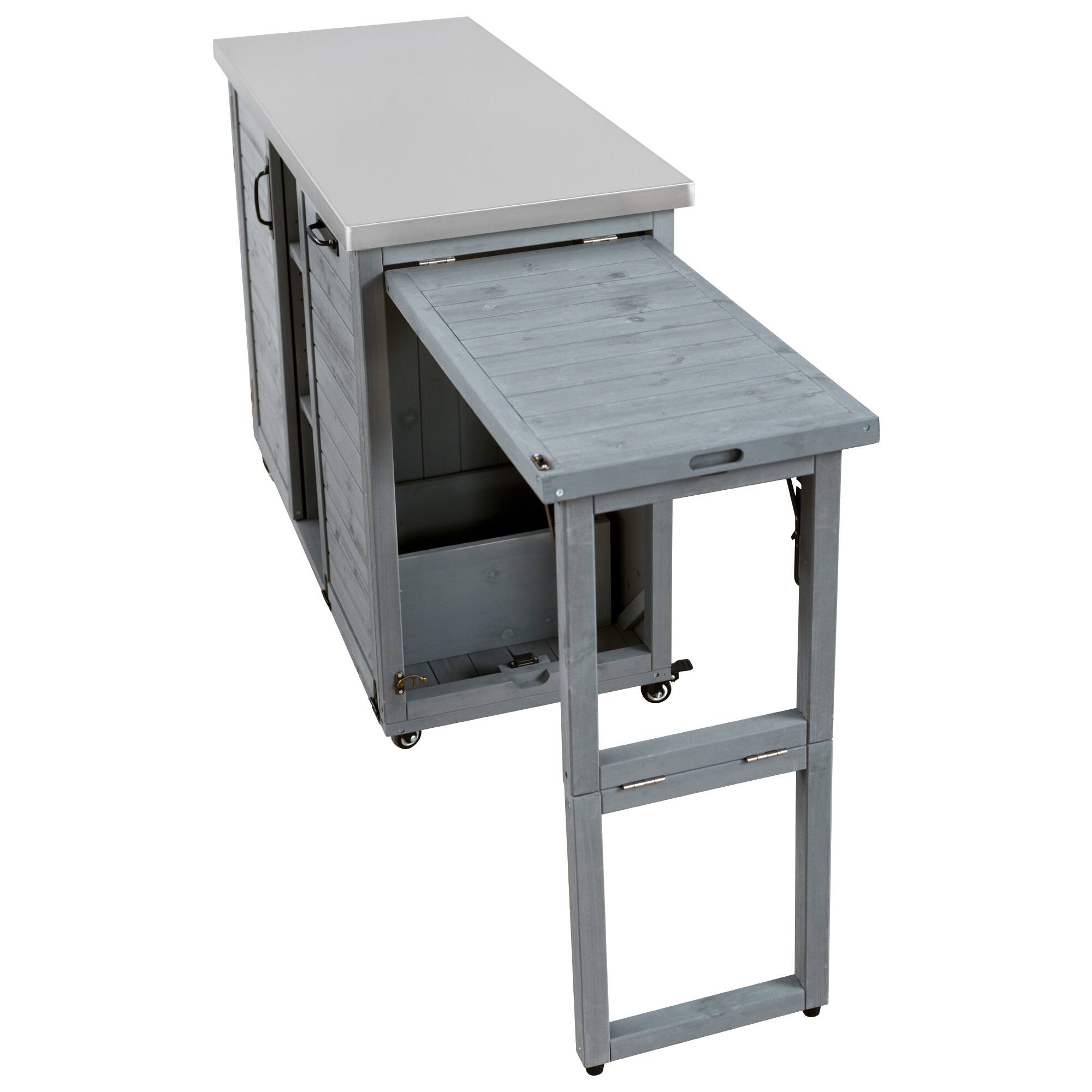 Left. PexFix - 78.3" Outdoor Kitchen Island with Foldable Table, Trash Storage & Stainless Top, Wood Pizza Oven Cart for Lawn & Garden - Gray Blue.