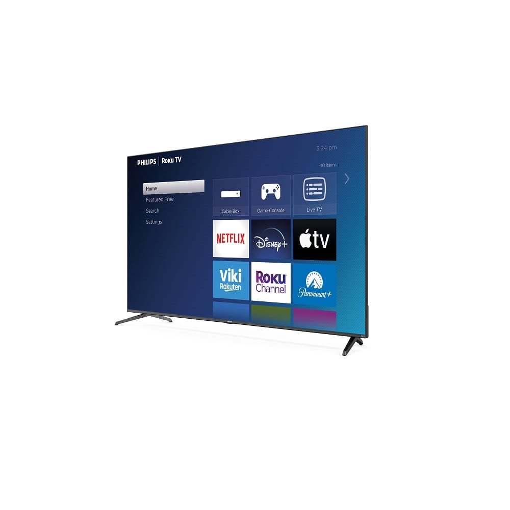 PHILIPS | Roku TV
Home
Featured Free
Search
Cable Box
Settings
3:24 pm
30 items
Game Console
Live TV
NETFLIX
Disney+
tv
Viki
Rakuten
Roku Channel
Paramount+