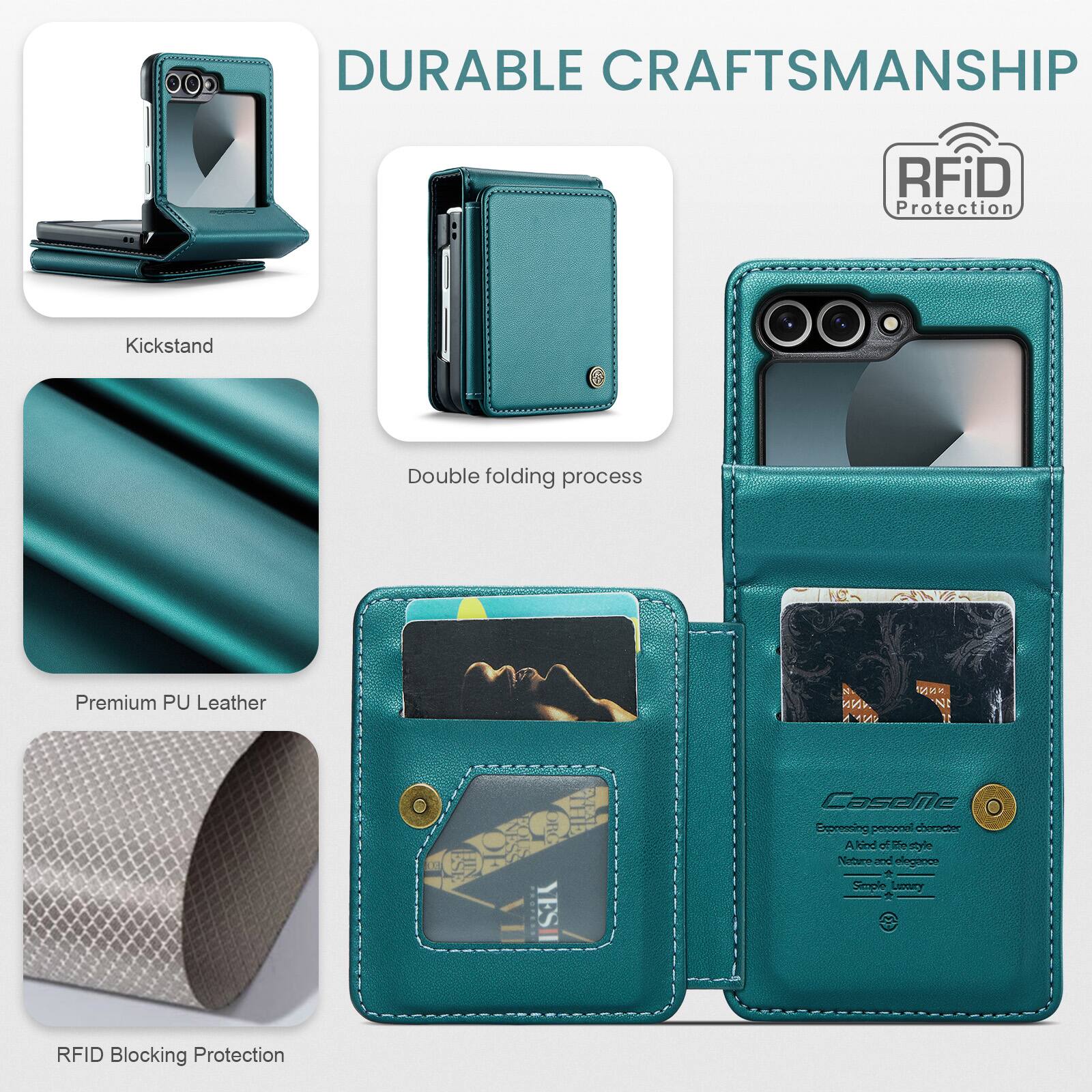 DURABLE CRAFTSMANSHIP  
RFiD Protection  
Kickstand  
Double folding process  
Premium PU Leather  
RFID Blocking Protection  

Caselle  
Expressing personal character  
A kind of life style  
Nature and elegance  
Simple Luxury