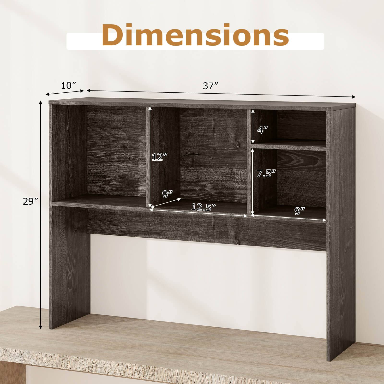 Dimensions:  
- Width: 37"  
- Height: 29"  
- Depth: 10"  
- Shelf 1: 12" (height) x 12.5" (depth)  
- Shelf 2: 7.5" (height) x 9" (depth)  
- Shelf 3: 4" (height) x 9" (depth)