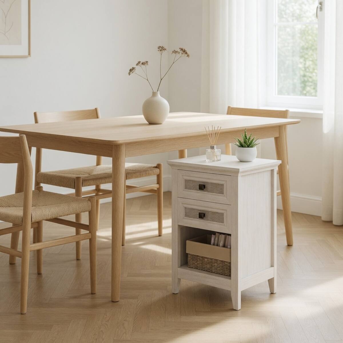 Alt View 10. Loheer - Loheer White Rattan Nightstand with Two Drawers and Open Shelf, Boho Bedside Table - White.