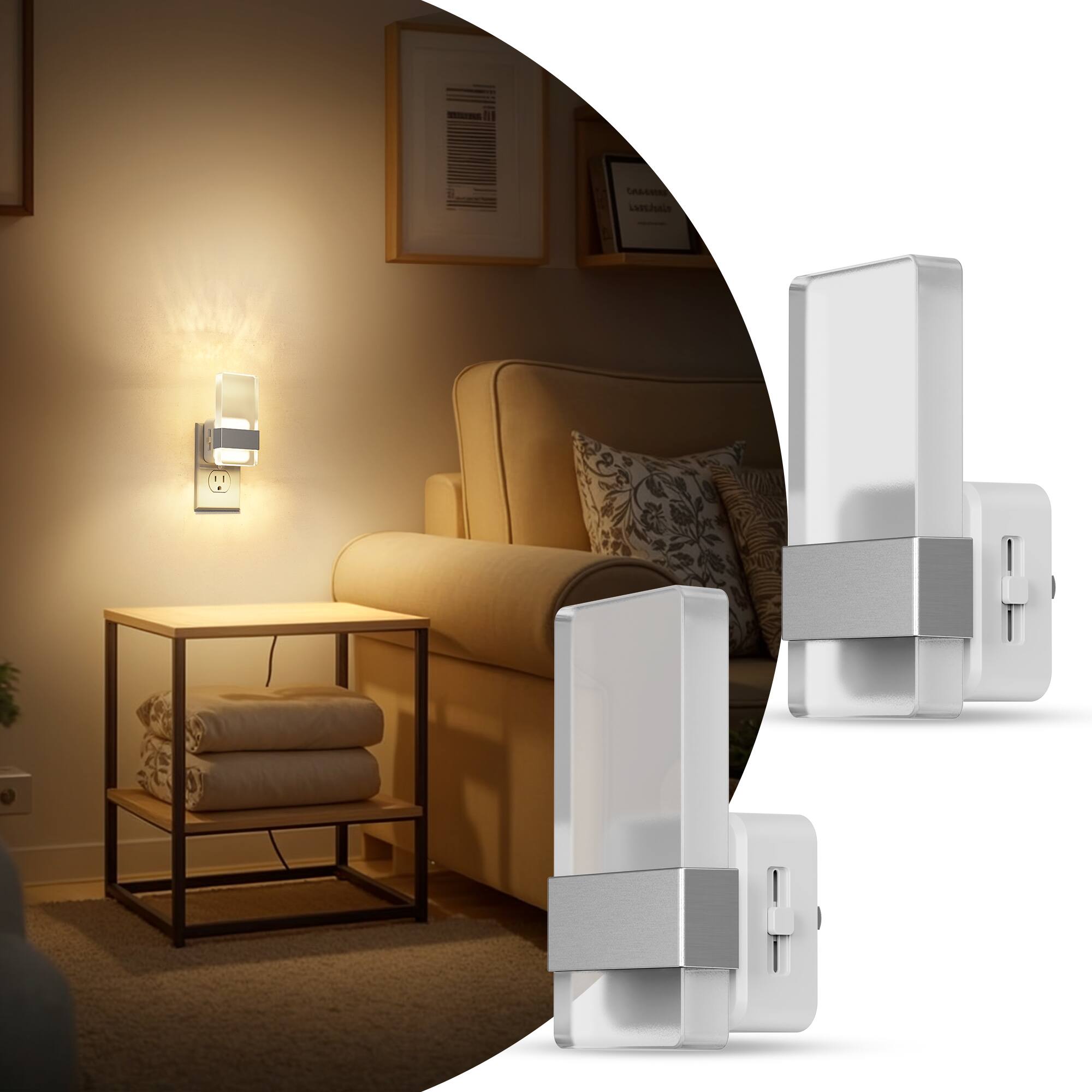 Angle. Jandcase - JANDCASE 2-Pack 1W  Plug-in Night Light, 3000K Warm Glow, Satin Nickel Accent, Up/Down Light,Light Sensor - Silver.