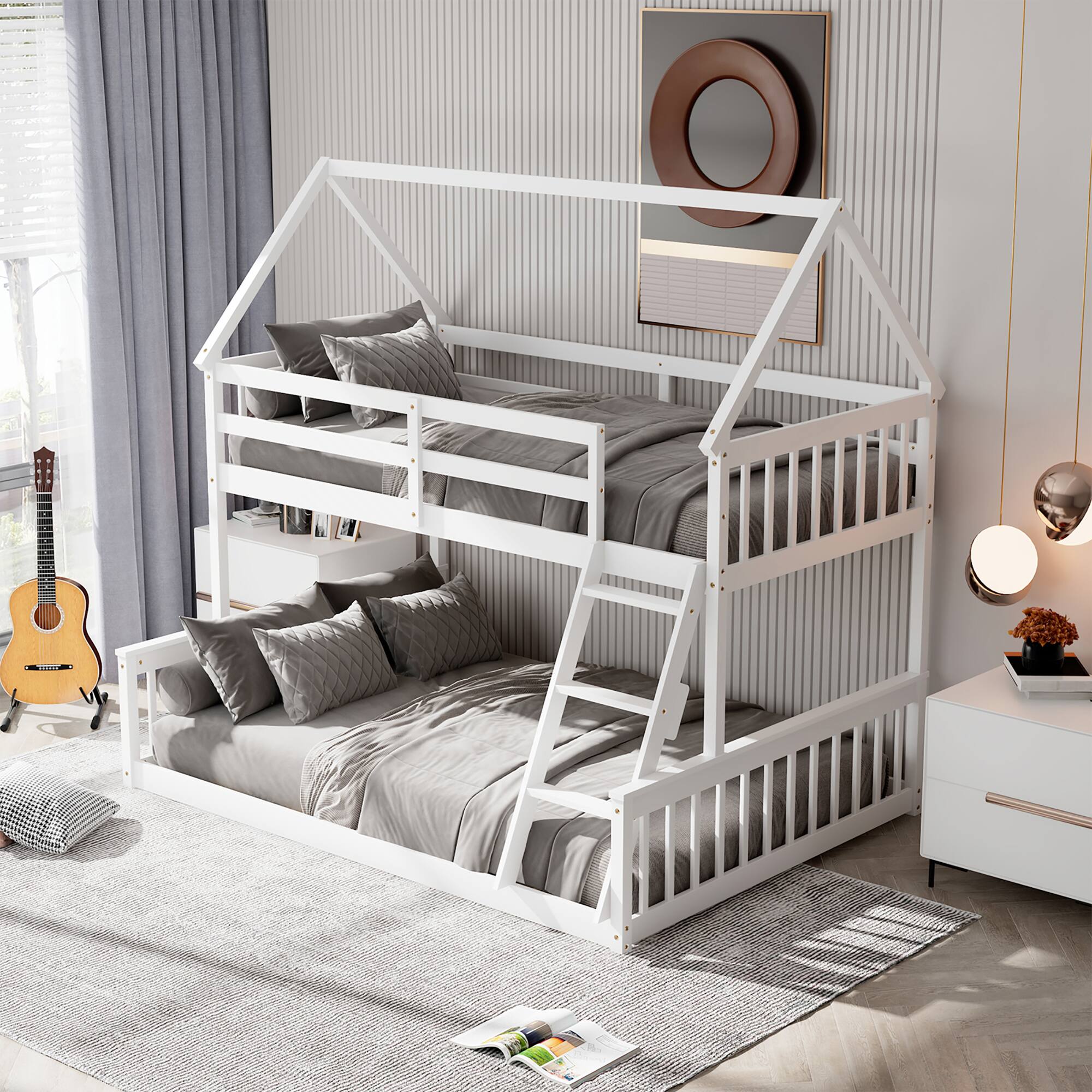 Alt View 4. Costway - Costway Twin Over Full House Bunk Bed with Ladder & Guardrails Convertible to 2 Beds - White.