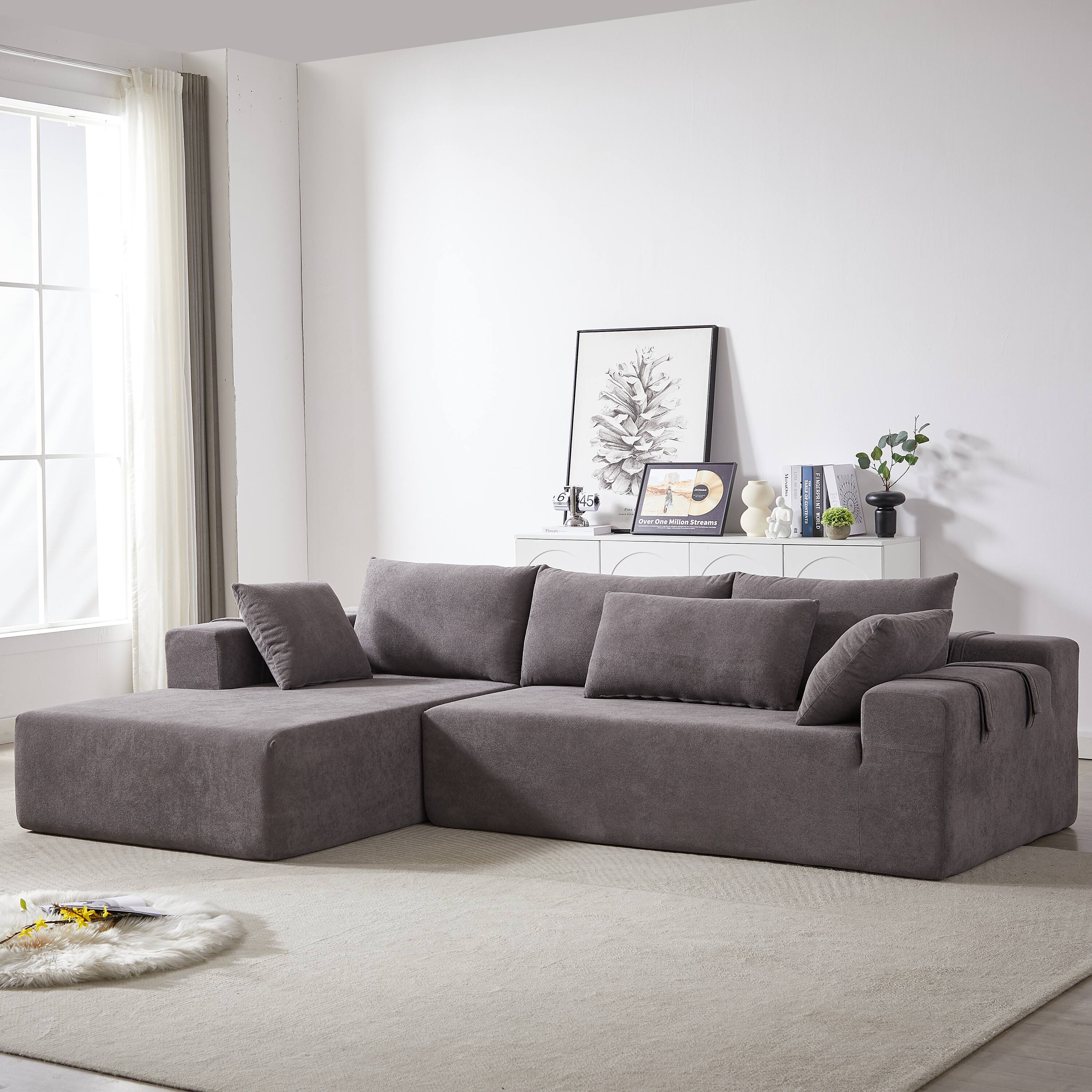 Front. TinyHomie - Left Chaise 108 Inch Modular L shaped Chenille Sectional Sofa Set with 6 Pillows - gray.
