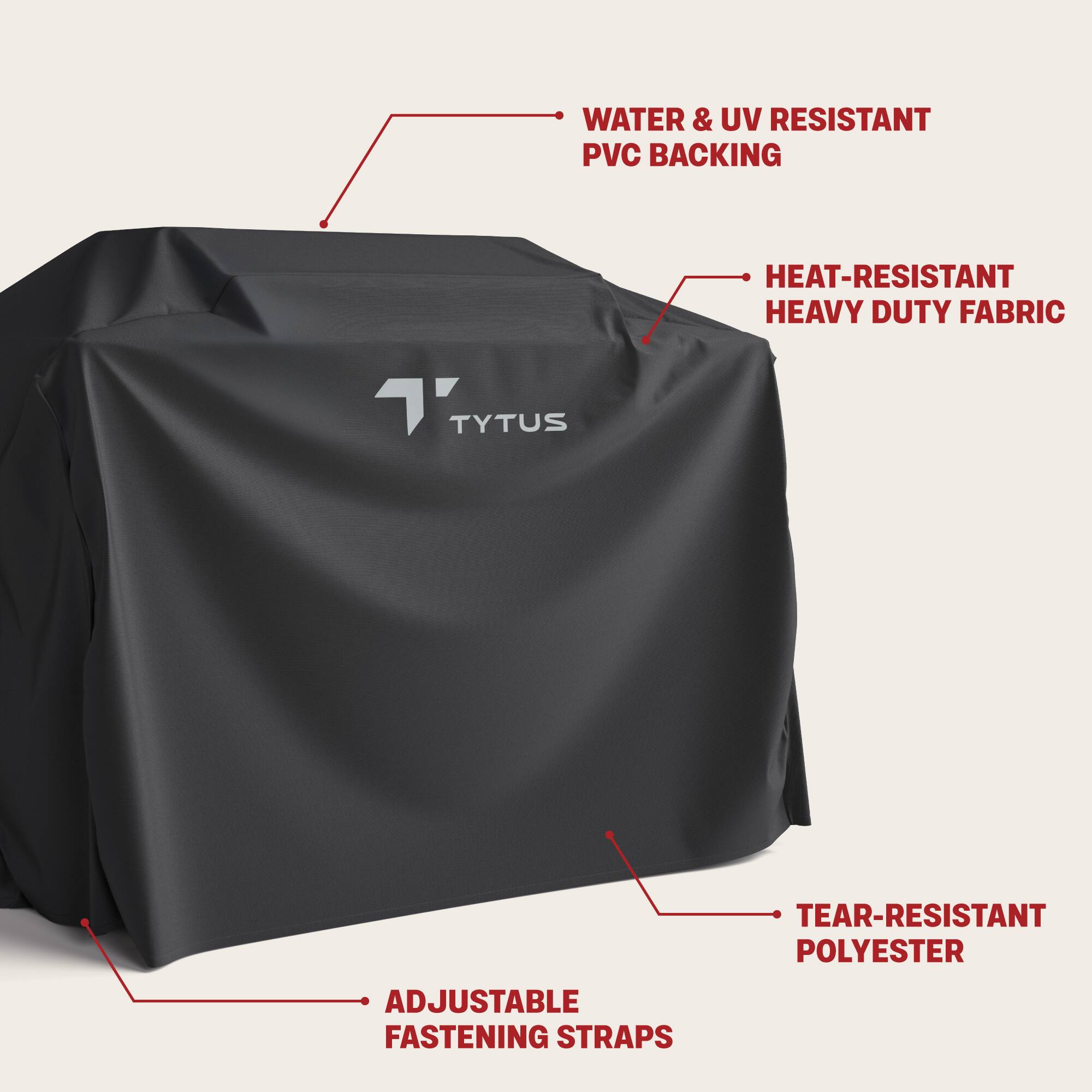 The text on the image is grouped as follows:

Water & UV Resistant PVC Backing
Heat-Resistant Heavy Duty Fabric
T TYTUS Tear-Resistant Polyester
Adjustable Fastening Straps