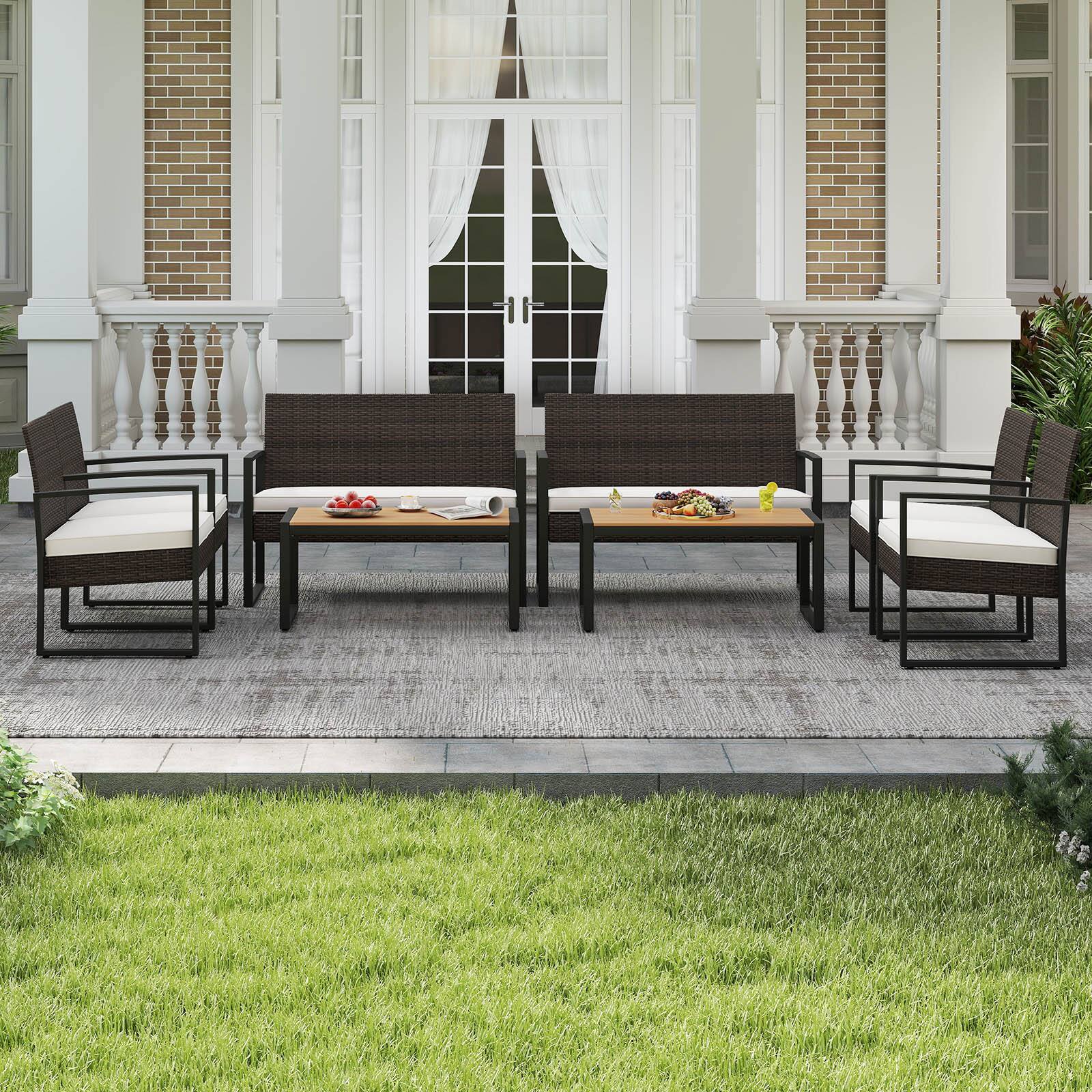 Alt View 1. Gymax - Gymax 8 Pieces Patio Furniture Set PE Rattan Porch Chairs w/ Loveseat & Coffee Table - Off White, Mix Brown.