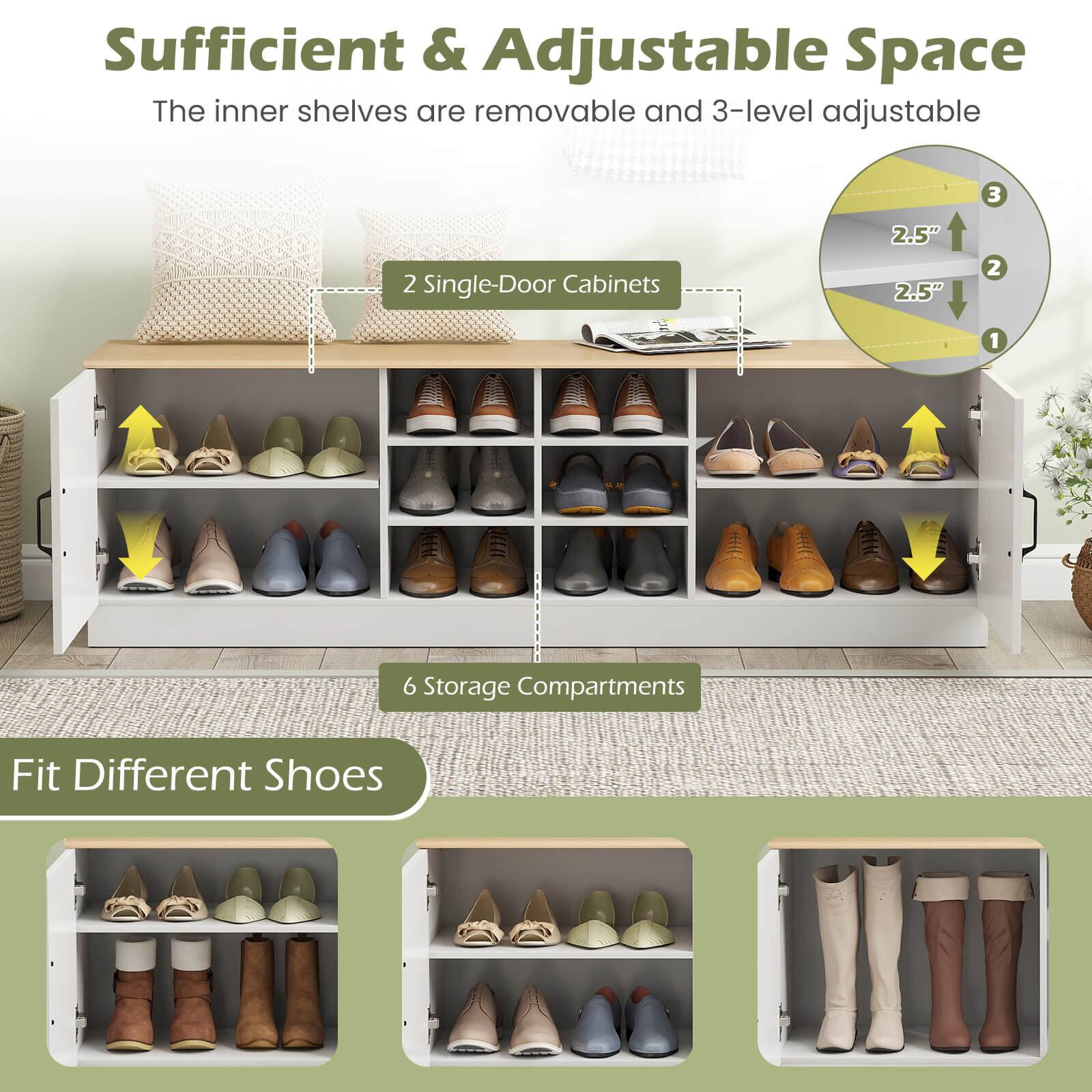 Sufficient & Adjustable Space  
The inner shelves are removable and 3-level adjustable  

2 Single-Door Cabinets  

6 Storage Compartments  

Fit Different Shoes