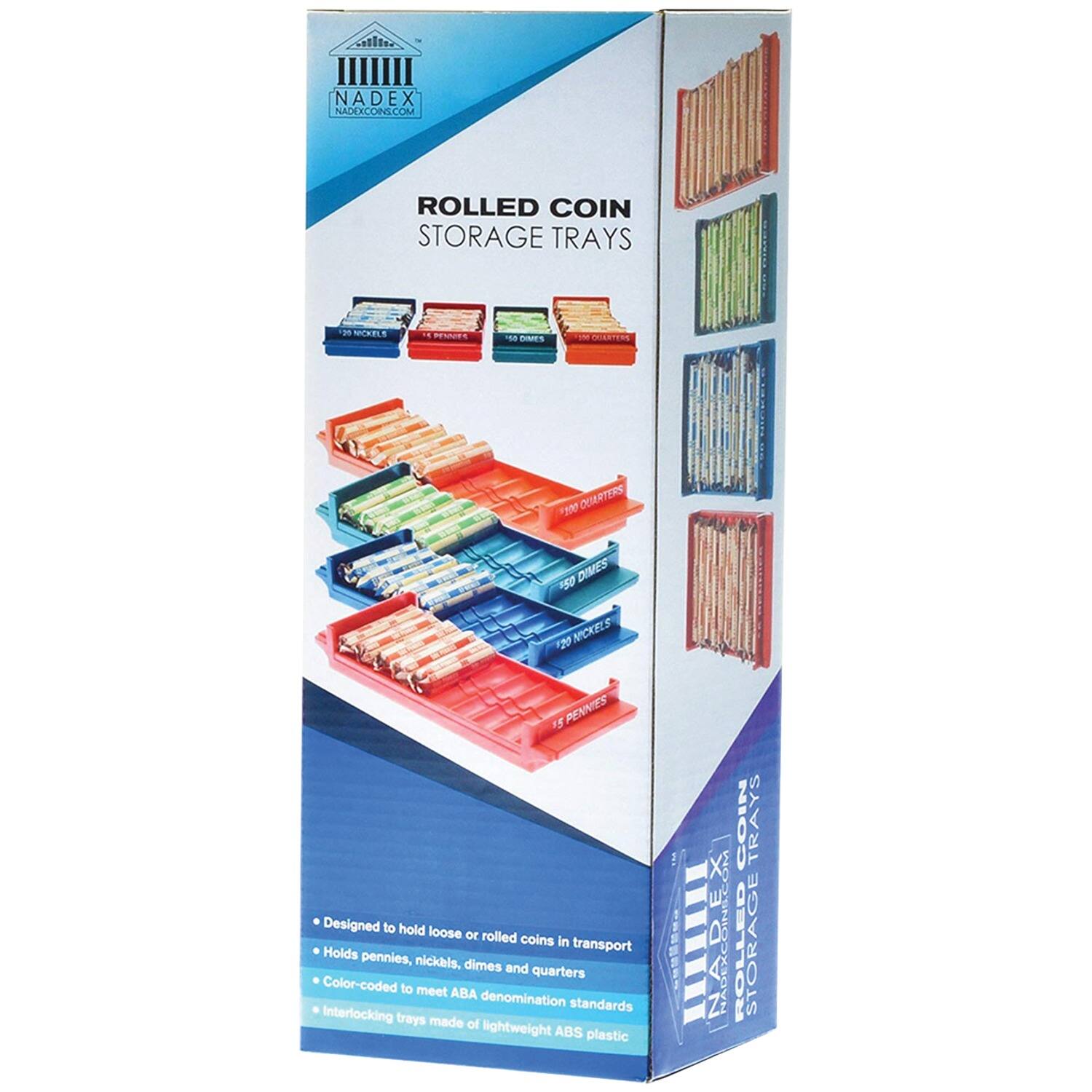 NADEX  
NADIXCONS.COM  

ROLLED COIN STORAGE TRAYS  

- 100 QUARTERS  
- 50 DIMES  
- 20 NICKELS  
- 15 PENNIES  

Designed to hold loose or rolled coins in transport  
Holds pennies, nickels, dimes and quarters  
Color-coded to meet ABA denomination standards  
Interlocking trays made of lightweight ABS plastic  

COIN TRAYS  
ROLLED STORAGE