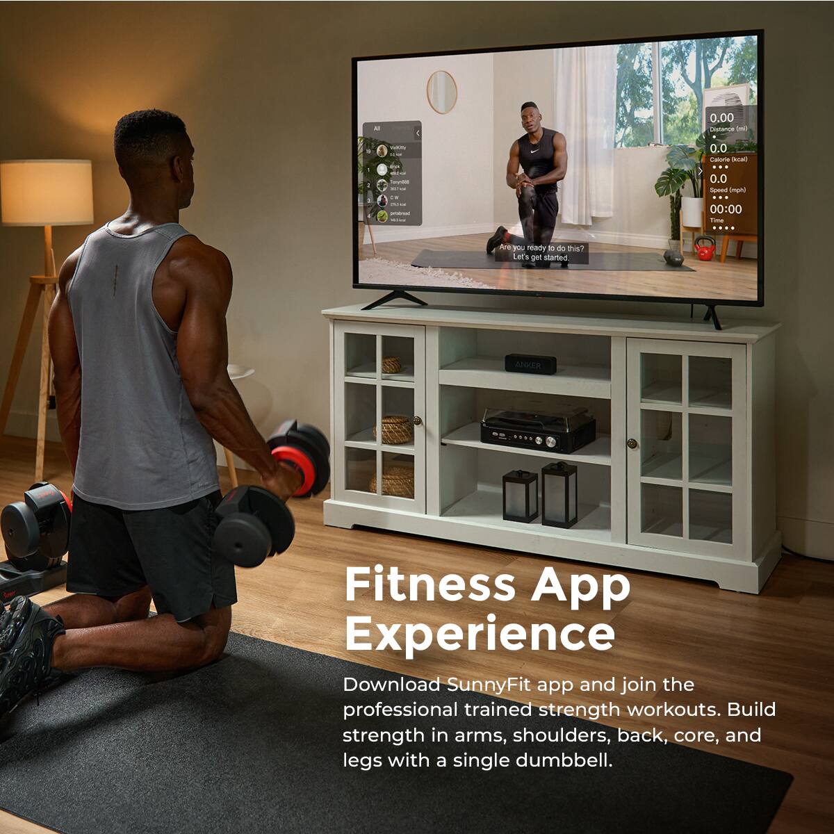 Are you ready to this? Let's get started. ANKER Fitness App Experience Download SunnyFit app and join the professional trained strength workouts. Build strength in arms, shoulders, back, core, and legs with a single dumbbell.