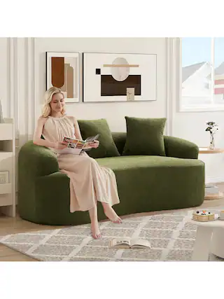 Front. Trinkets Crazed - 65" Curved Small Loveseat Sofa,Cozy Chenille Upholstered Couch With 3 Pillows,Modern Deep Seat Cloud Couch - Green.