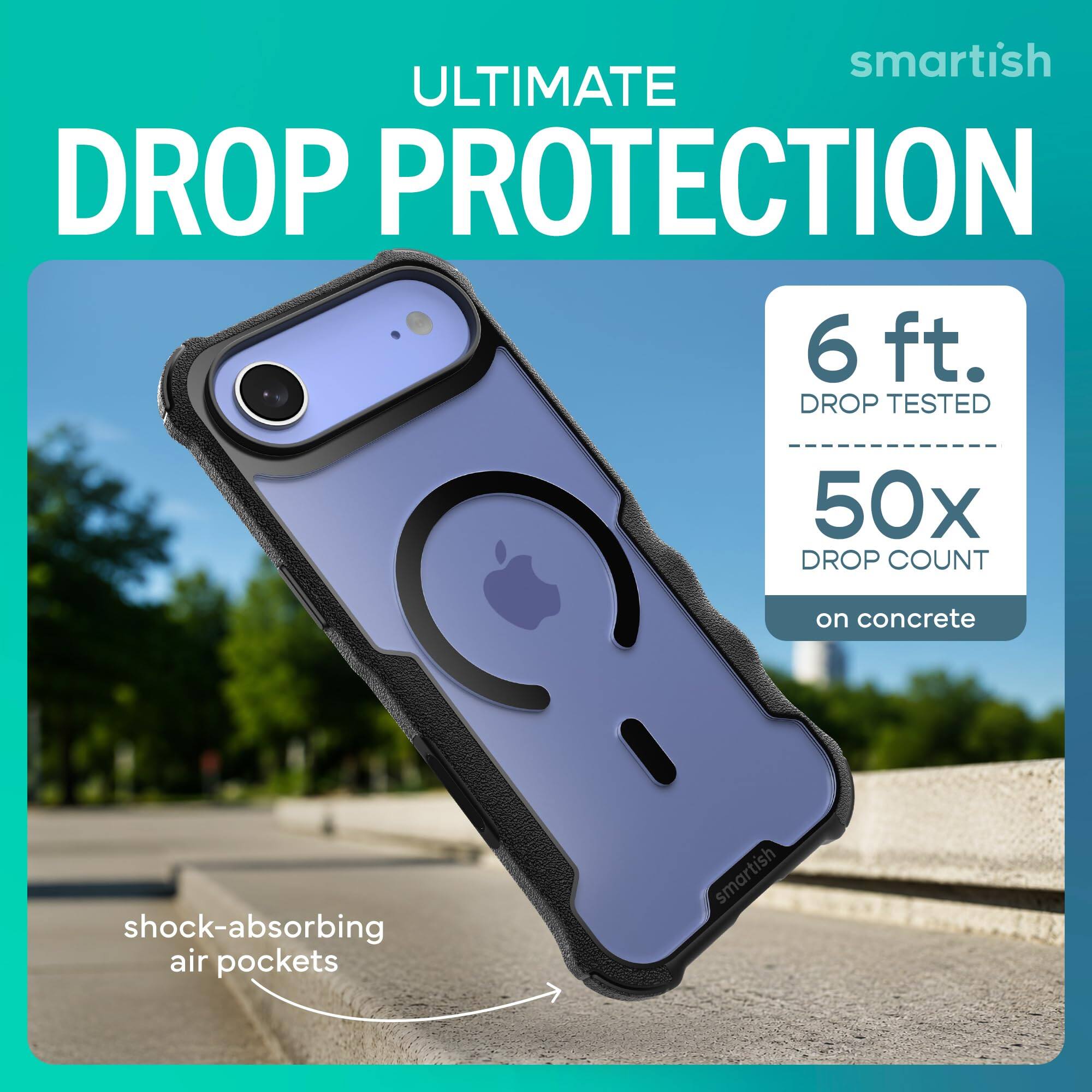smartish ULTIMATE DROP PROTECTION  
6 ft. DROP TESTED  
50x DROP COUNT  
on concrete  
shock-absorbing air pockets  
smartish