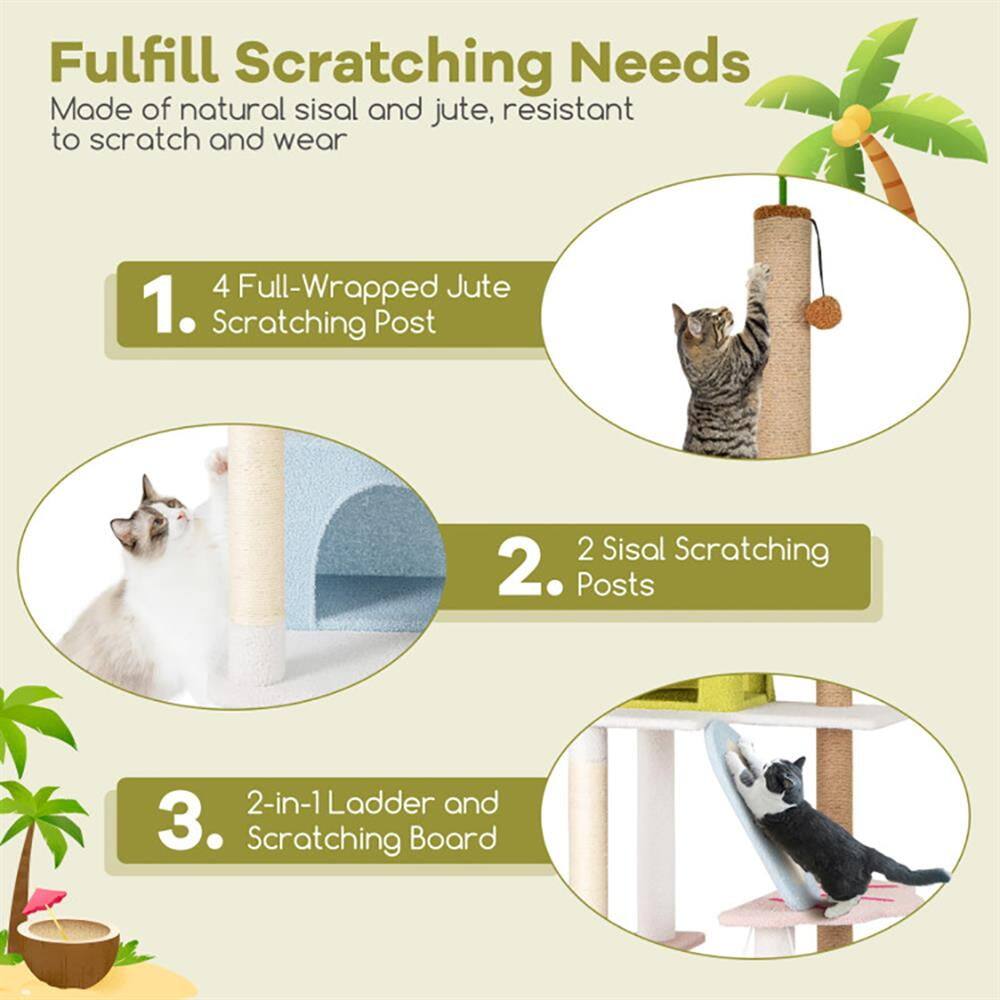 Fulfill Scratching Needs  
Made of natural sisal and jute, resistant to scratch and wear  

1. 4 Full-Wrapped Jute Scratching Post  
2. 2 Sisal Scratching Posts  
3. 2-in-1 Ladder and Scratching Board