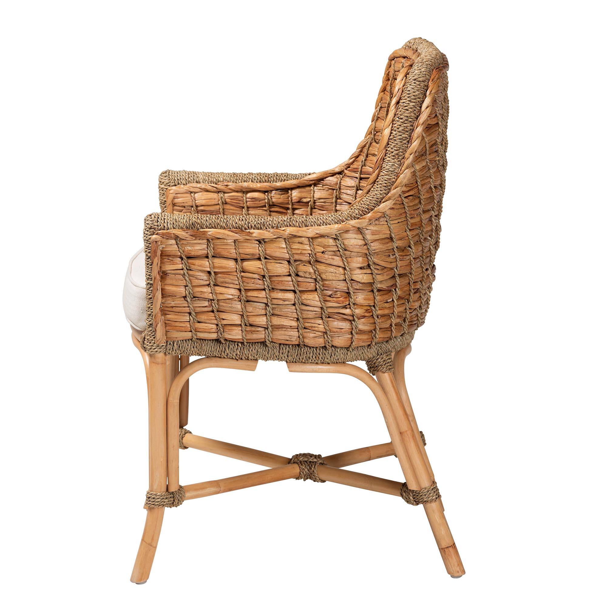 Left. bali & pari - Kyle Modern Bohemian Woven Rattan Dining Arm Chair with Cushion - White/Natural Brown.